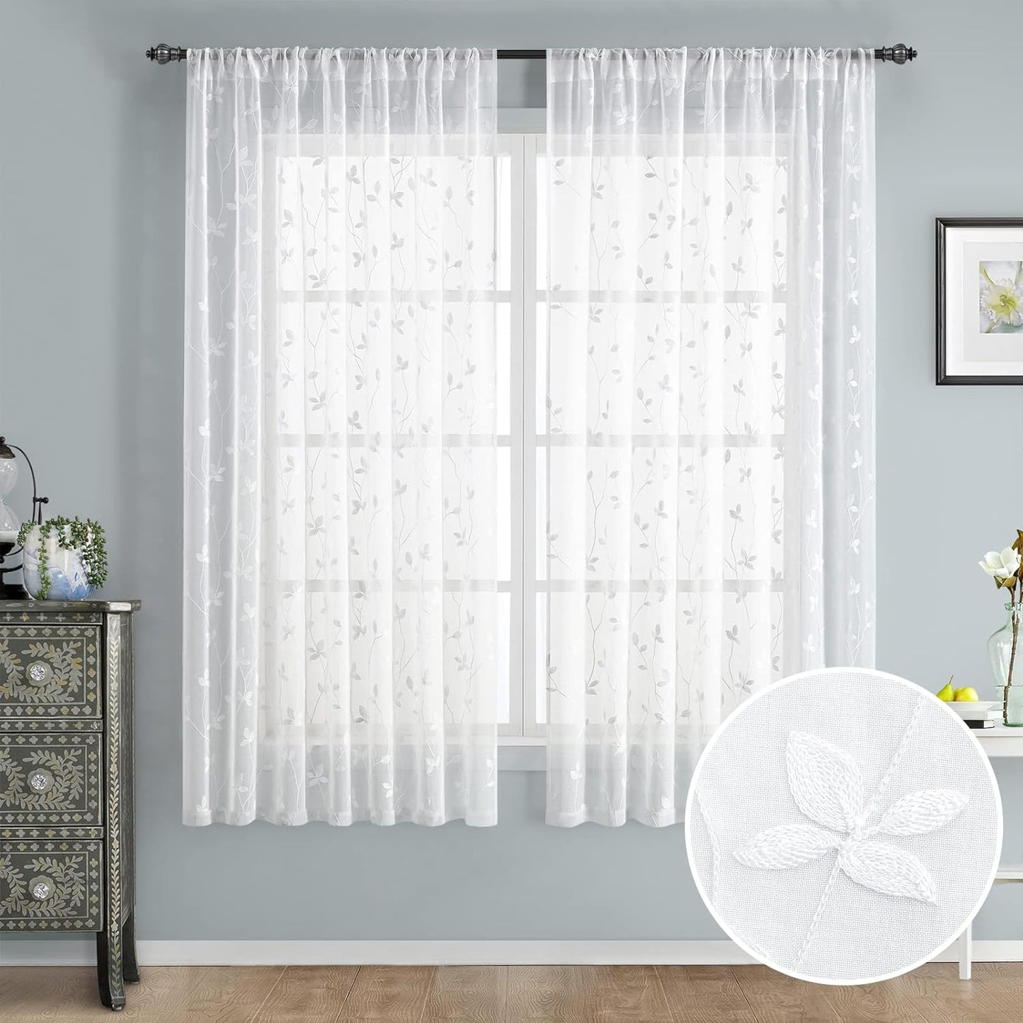 HOMEIDEAS Sage Green Sheer Curtains 52 X 63 Inches Length 2 Panels Embroidered Leaf Pattern Pocket Faux Linen Floral Semi Sheer Voile Window Curtains/Drapes for Bedroom Living Room  HOMEIDEAS Vine White W52" X L63" 
