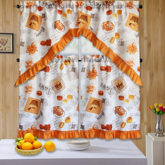 3 Piece Kitchen Curtain Swag Set, Two Tiers & Ruffled Swag Decorative Window Treatment, Rod Pocket Macaroons & Cupcakes Printed Design Arianna
