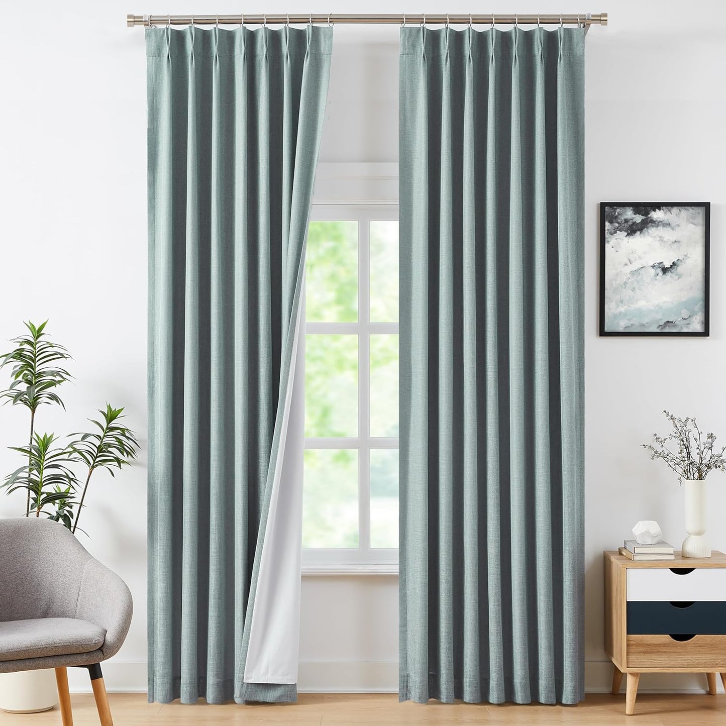 WEST LAKE Extra Long 9 Ft Bailey Linen Pinch Pleat Full Blackout Curtains 108 Inches Length,Natural Pinch Pleated Panels with Back Tabs,Rustic Window Treatment Bedroom Living Room,40"Wx108"Lx2,Natural  WEST LAKE Mineral Green 40"X120"X2 
