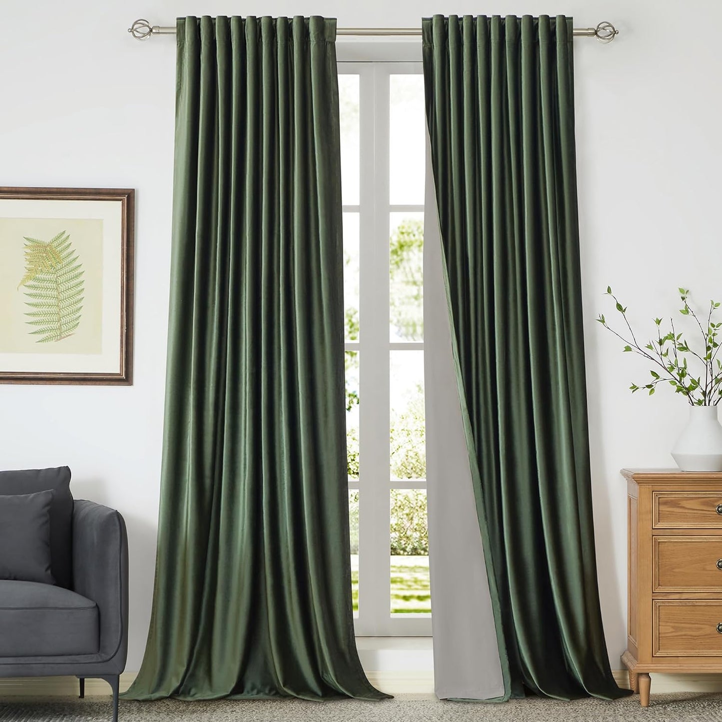 100% Blackout Ivory off White Velvet Curtains 108 Inch Long for Living Room,Set of 2 Panels Liner Rod Pocket Back Tab Thermal Window Drapes Room Darkening Heavy Decorative Curtains for Bedroom  PRIMROSE Olive Green 52X96 Inches 