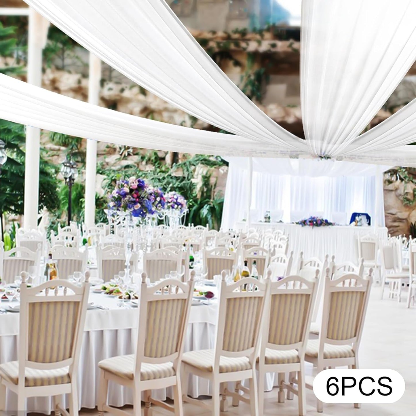 6 Panels 5Ftx15Ft Chiffon Wedding Ceiling Drapes,Arch Arbor Backdrop Fabric Curtains,Sheer Swag Stage DIY Tent Decoration for Wedding Party Ceremony (White)