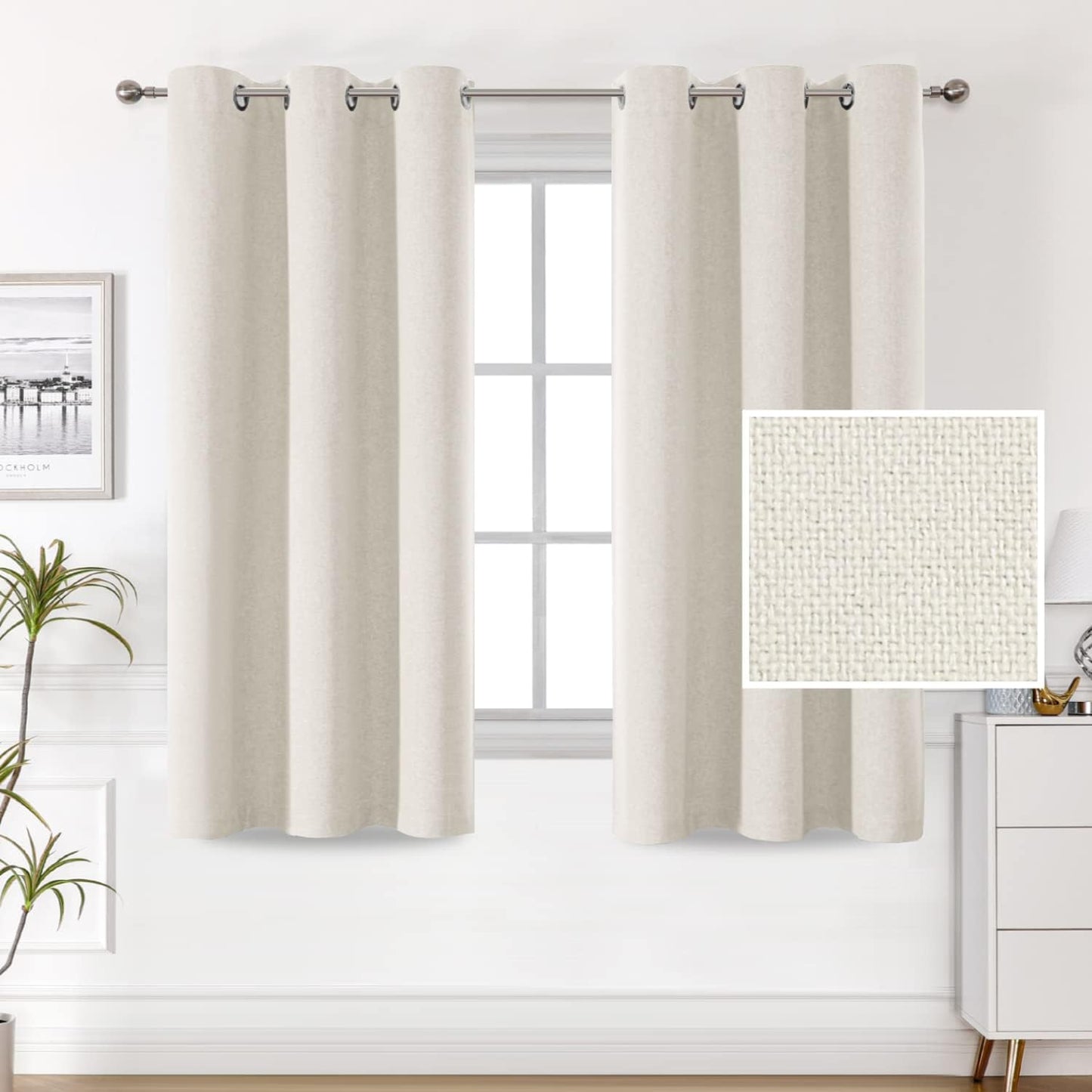 H.VERSAILTEX 100% Blackout Linen Look Curtains Thermal Insulated Curtains for Living Room Textured Burlap Drapes for Bedroom Grommet Linen Noise Blocking Curtains 42 X 84 Inch, 2 Panels - Sage  H.VERSAILTEX Ivory 42"W X 63"L 
