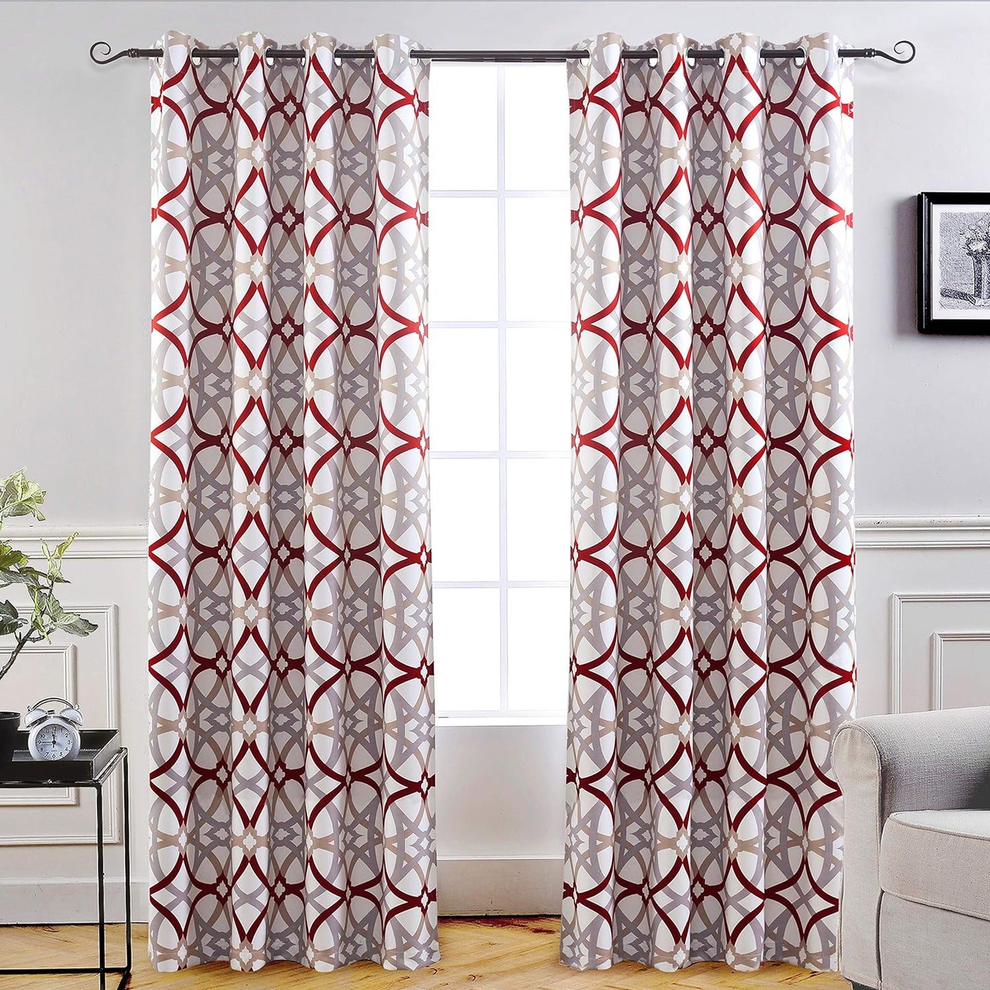 Driftaway Alexander Thermal Blackout Grommet Unlined Window Curtains Spiral Geo Trellis Pattern Set of 2 Panels Each Size 52 Inch by 84 Inch Red and Gray  DriftAway Red/Gray 52"X96" 