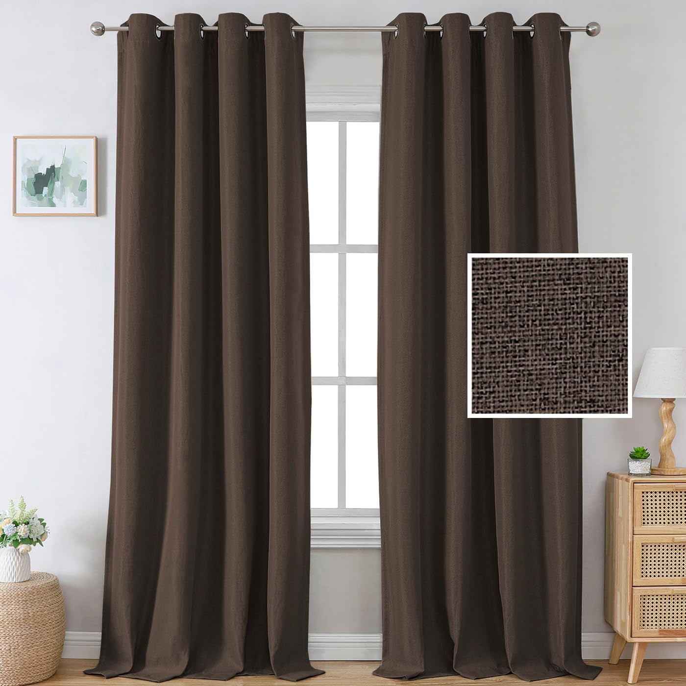 H.VERSAILTEX Linen Blackout Curtains 84 Inches Long Thermal Insulated Room Darkening Linen Curtains for Bedroom Textured Burlap Grommet Window Curtains for Living Room, Bluestone and Taupe, 2 Panels  H.VERSAILTEX Dark Brown 52"W X 96"L 