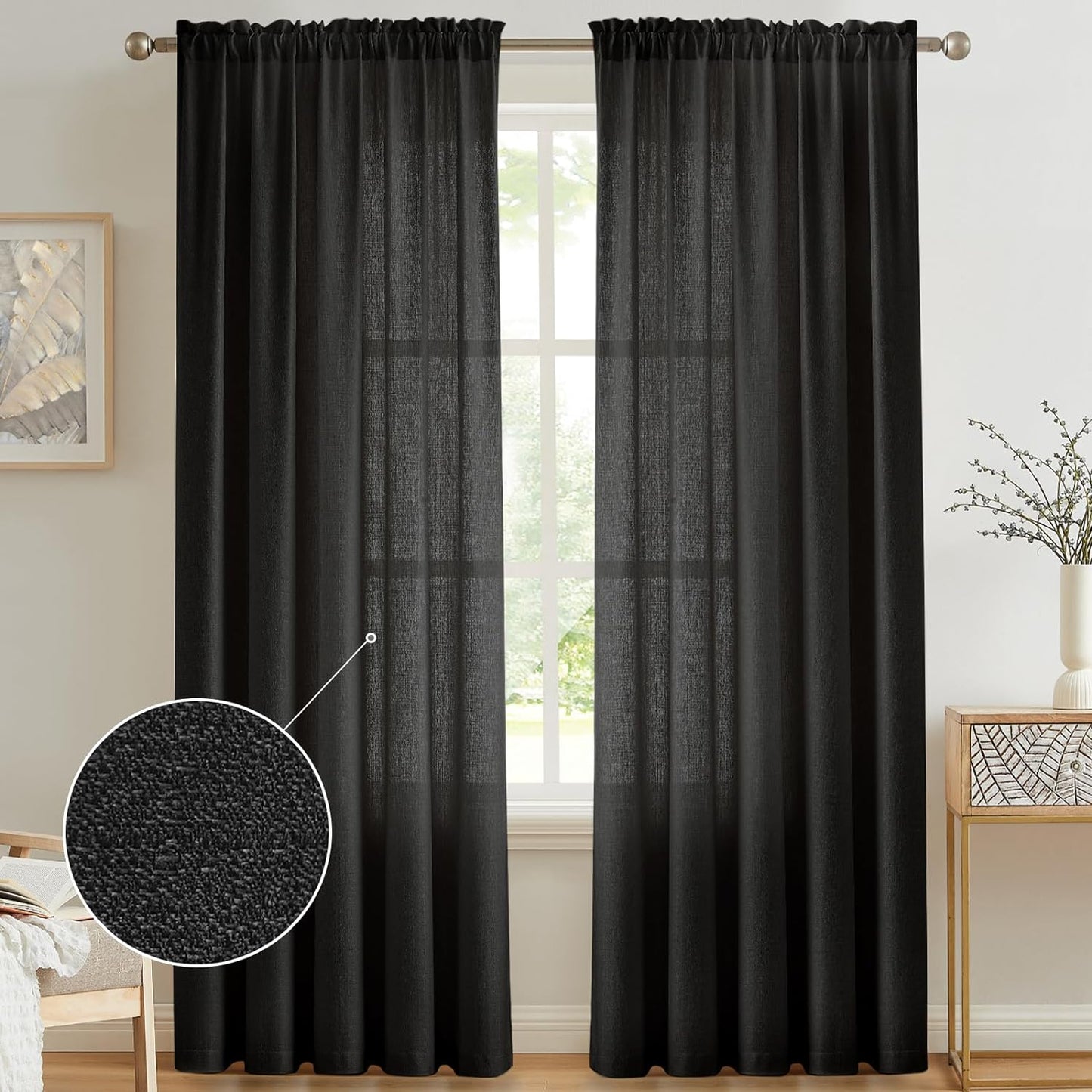 Anpark White Semi Sheer Curtains Linen Rod Pocket Curtains Tiebacks Included Semi Sheers, Privacy & Serenity for Bedroom, Soft Light for Relaxation - 52" W X 84" L, 2 Panels  Anpark Black 52X96 Inch 