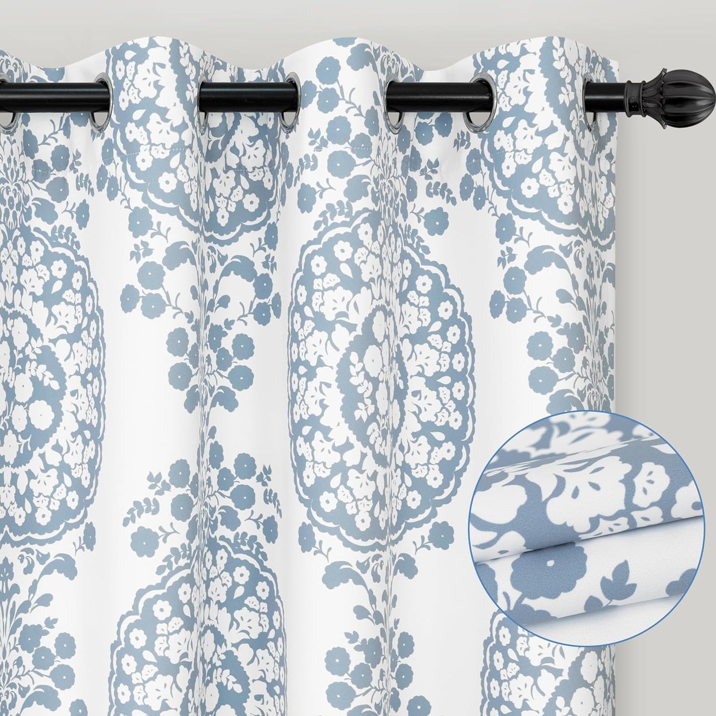Driftaway Damask Curtains for Kitchen Bathroom Laundry Room Small Windows Floral Damask Medallion Patterned Adjustable Tie up Curtain Single 45 Inch by 63 Inch Dusty Blue  DriftAway Blue 50"X96"︱1 Panel 