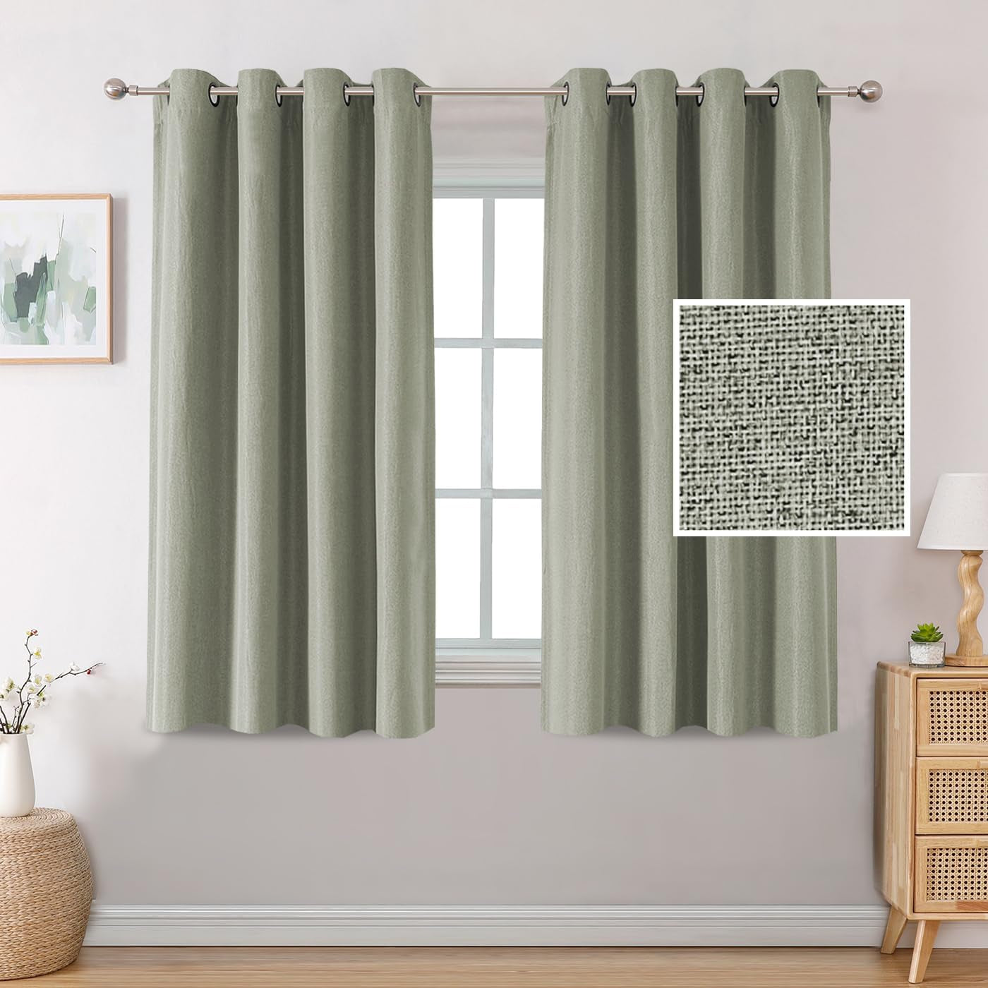 H.VERSAILTEX Linen Blackout Curtains 84 Inches Long Thermal Insulated Room Darkening Linen Curtains for Bedroom Textured Burlap Grommet Window Curtains for Living Room, Bluestone and Taupe, 2 Panels  H.VERSAILTEX Sage 52"W X 45"L 