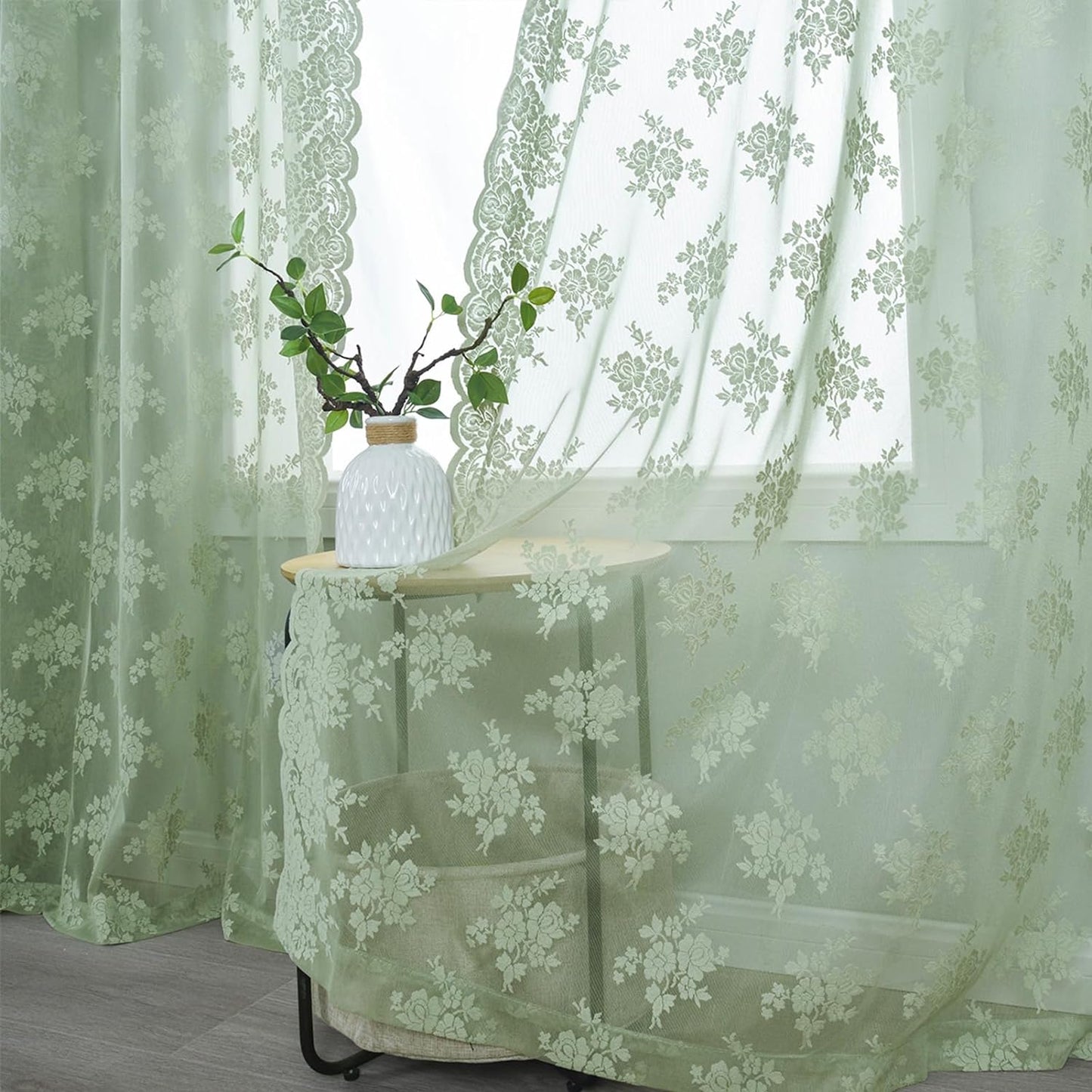 Kotile Sage Green Sheer Valance Curtain for Windows, Rustic Floral Spring Sheer Window Valance Curtain 18 Inch Length, Light Filtering Rod Pocket Lace Valance, 52 X 18 Inch, 1 Panel, Sage Green  Kotile Textile Green 52 In X 63 In Grommet 