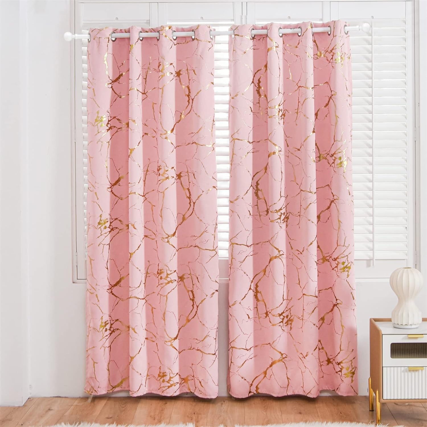 Aimuan Blush Gold Foil Curtains Printed Marble Grommet Blackout Curtain Panels Golden Metallic Glitter Drapery Window Drapes Valances for Bedroom Living Room, Pink 42X84