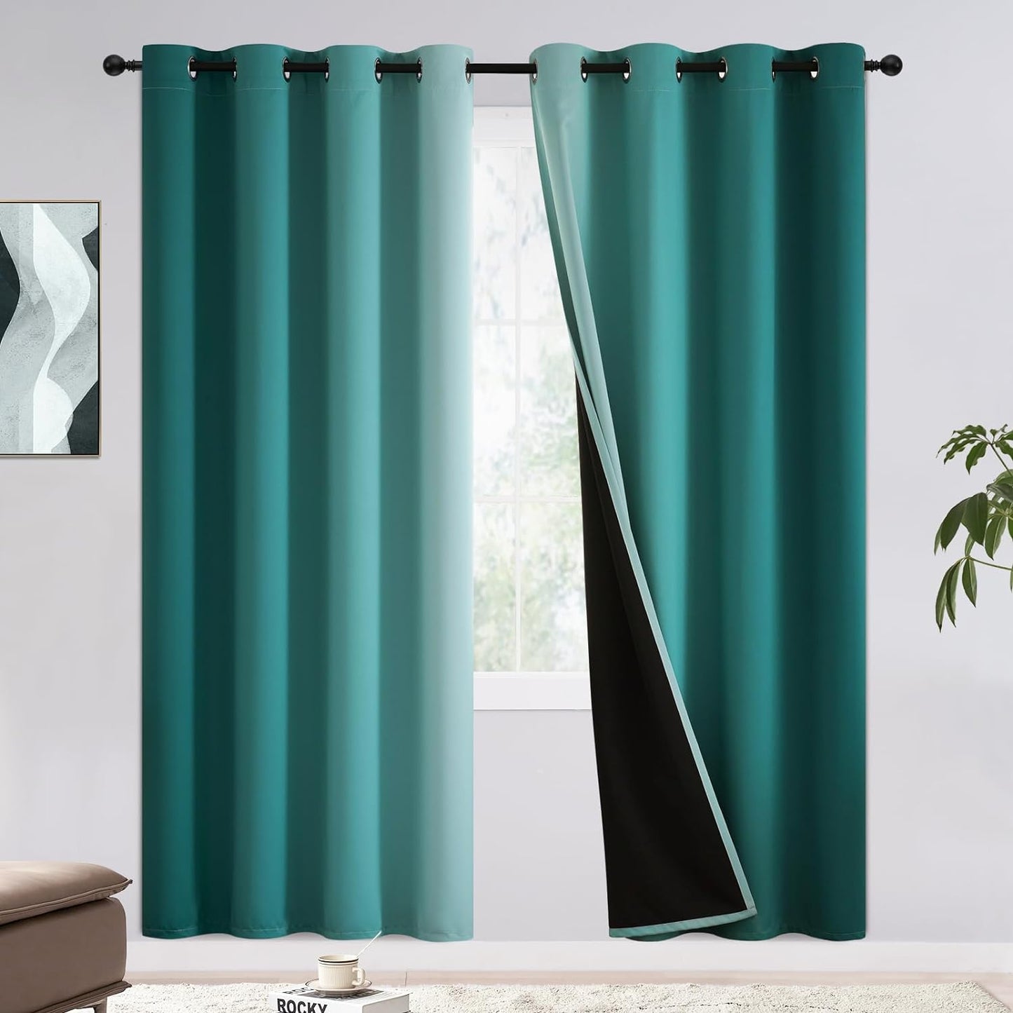 COSVIYA 100% Blackout Curtains & Drapes Ombre Purple Curtains 63 Inch Length 2 Panels,Full Room Darkening Grommet Gradient Insulated Thermal Window Curtains for Bedroom/Living Room,52X63 Inches  COSVIYA Teal To Greyish White 52W X 72L 