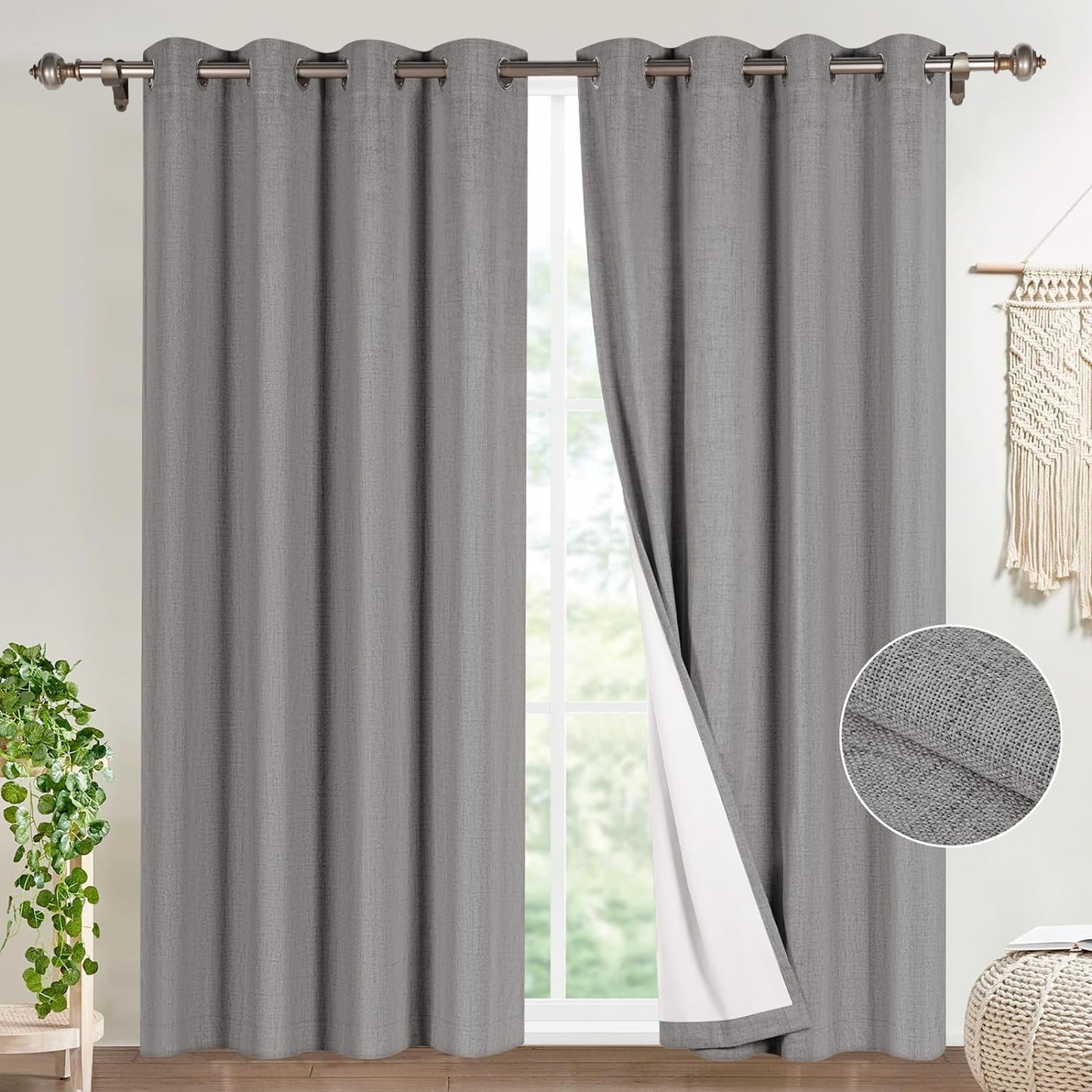Timeles 100% Blackout Window Curtains 84 Inch Length for Living Room Textured Linen Curtains Sliver Grommet Pinch Pleated Room Darkening Curtain with White Liner/Ties(2 Panel W52 X L84, Ivory)  Timeles Grey W52" X L84" 