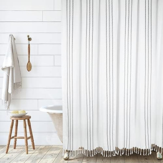 HALL & PERRY Modern Transitional White Stripe Shower Curtain with Tassels - Vertical Black Lines Striped 100% Cotton, 72" X 84"