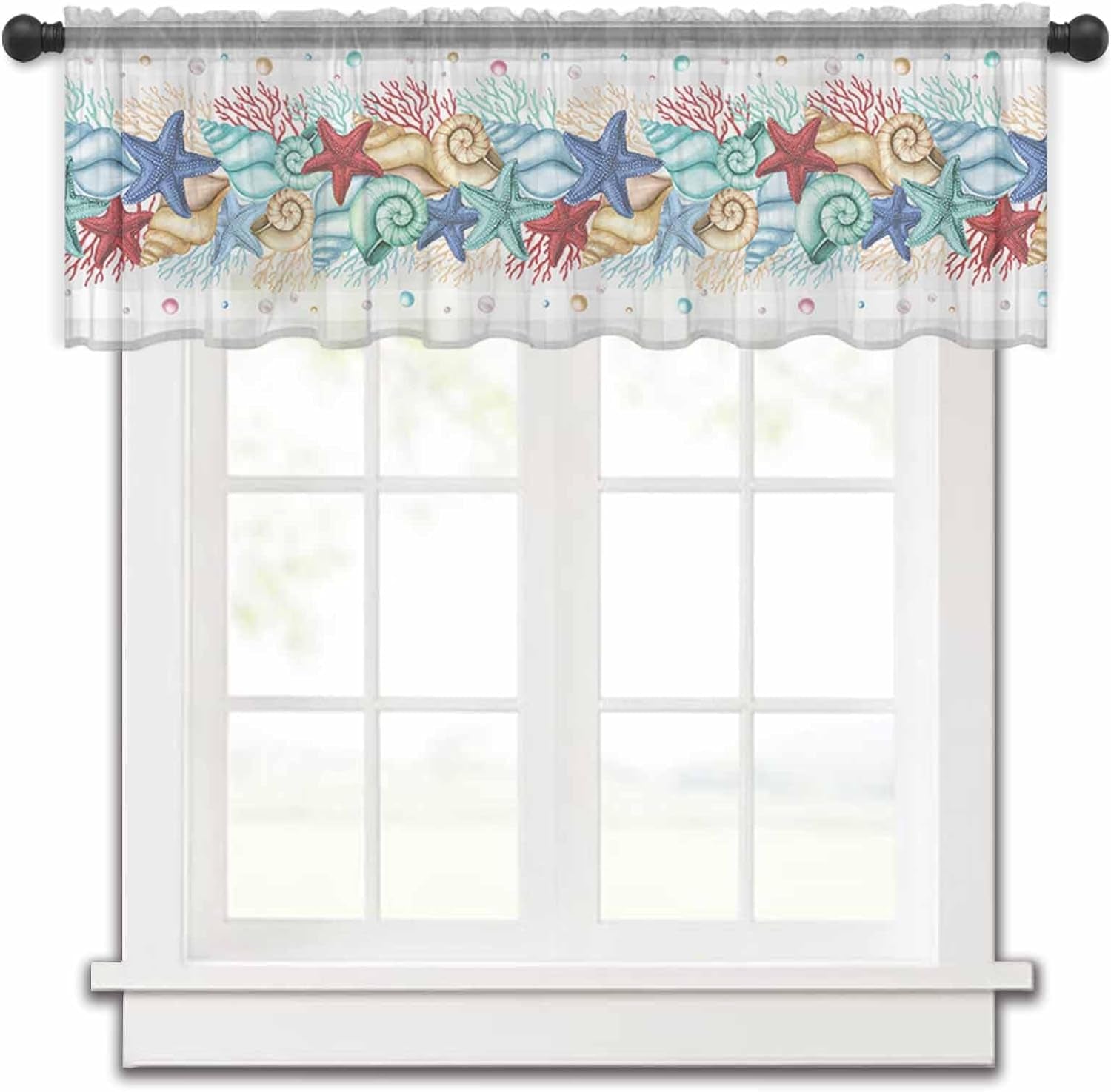Starfish Plaid Valance Curtains for Kitchen/Living Room/Bathroom/Bedroom Window,Rod Pocket Small Topper Half Short Window Curtains Voile Sheer Scarf, Buffalo Gray Sea Colored Coral Conch Pearl 42"X18"