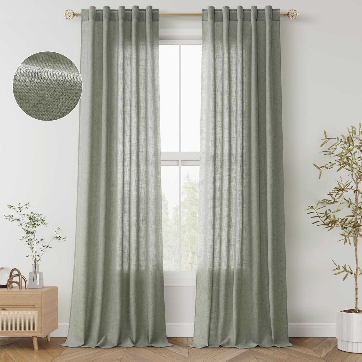 Natural Linen Sheer Curtains 84 Inch Long for Living Room Bedroom Back Tab Light Filtering Privacy Farmhouse Rod Pocket Ivory off White Neutral Drapes with Hooks 2 Panels Cream Beige  SPWIY Sage Green 40W X 108L Inch X 2 Panels 