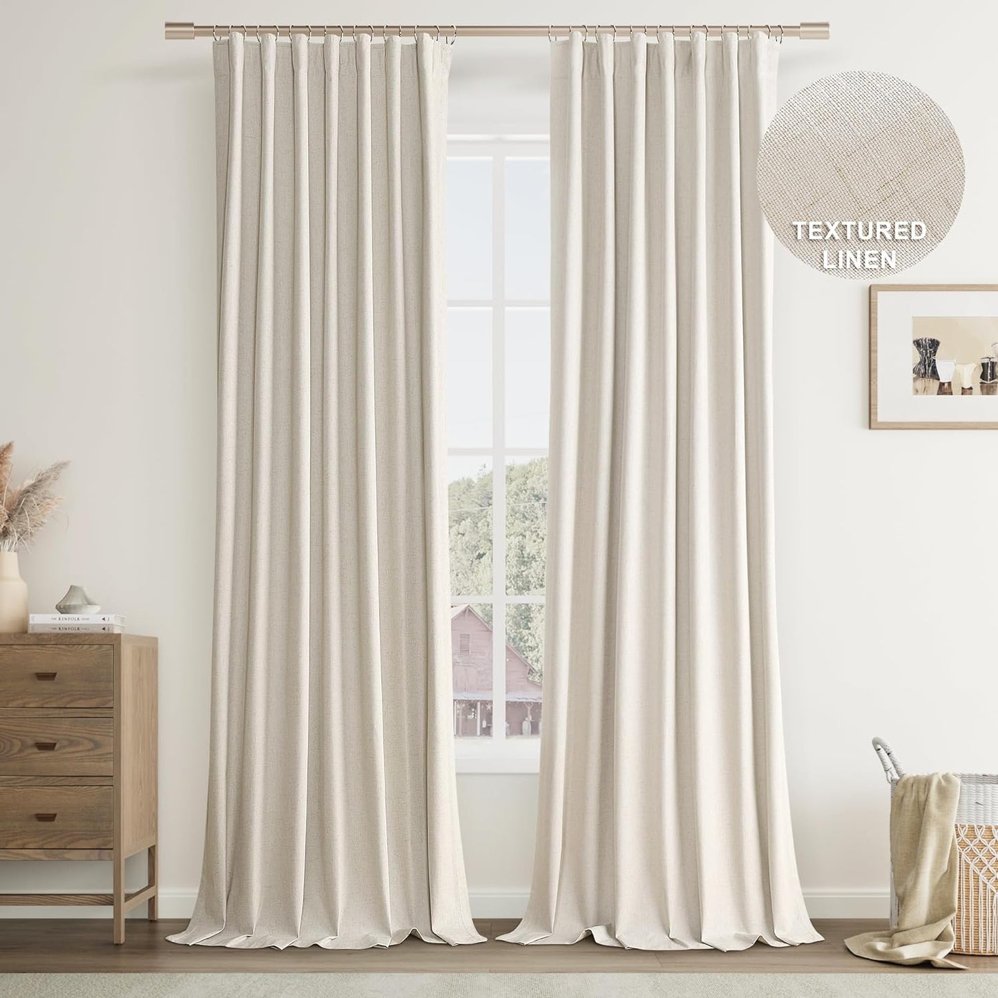 Joywell 100% Blackout Linen Curtains 102 Inches Long, Rod Pocket/Back Tab/Hook Belt/Clip Rings, Thermal Insulated Floor Length Drapes for Bedroom Dining Living Room(2 Panels,W52 X L102,Linen)  Joywell Grayish Brown 52W X 108L Inch X 2 Panels 