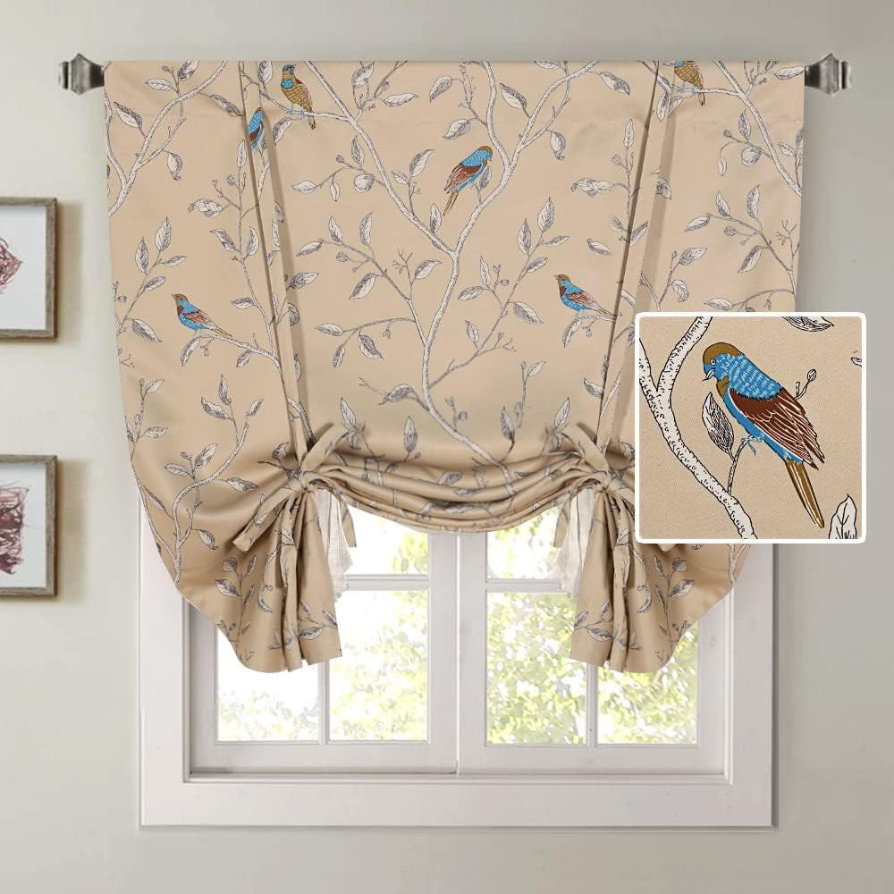 H.VERSAILTEX Thermal Insulated Blackout Curtain Adjustable Tie up Shade Rod Pocket Panel for Small Window-42 Wide by 63" Long-Vintage Floral Pattern in Sage and Brown  H.VERSAILTEX Birds In Taupe  