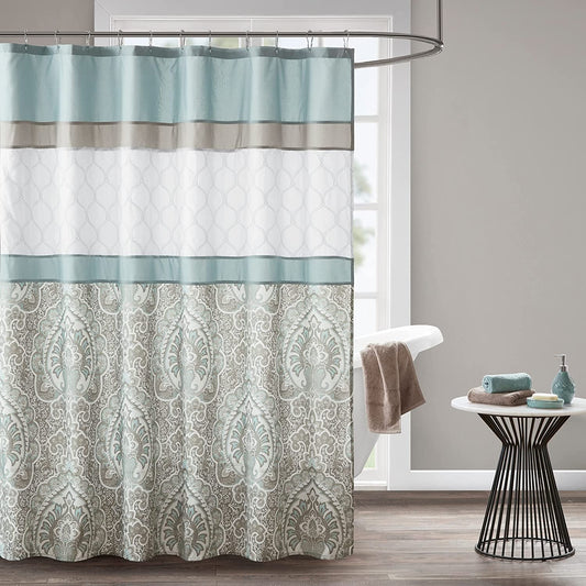 510 DESIGN Shower Curtain, Geometric Textured Embroidery Design with Built-In Liner, Modern Mid-Century Bathroom Decor, Machine Washable, Fabric Privacy Screen 72X72, Shawnee, Seafoam