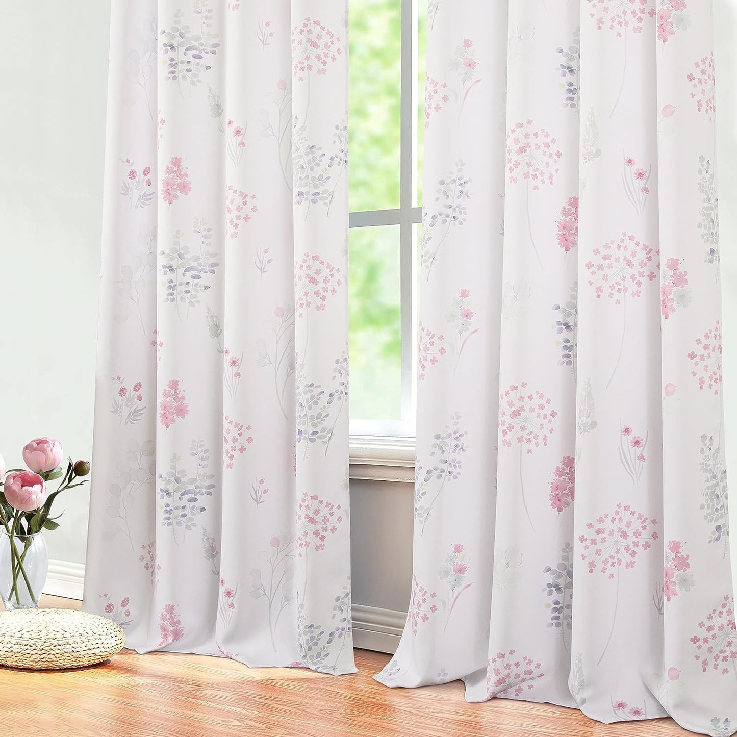 XTMYI 63 Inch Length Sage Green Window Curtains for Bedroom 2 Panels,Room Darkening Watercolor Floral Leaves 80% Blackout Flowered Printed Curtains for Living Room with Grommet,1 Pair Set  XTMYI Pink  Green 52"X84" 