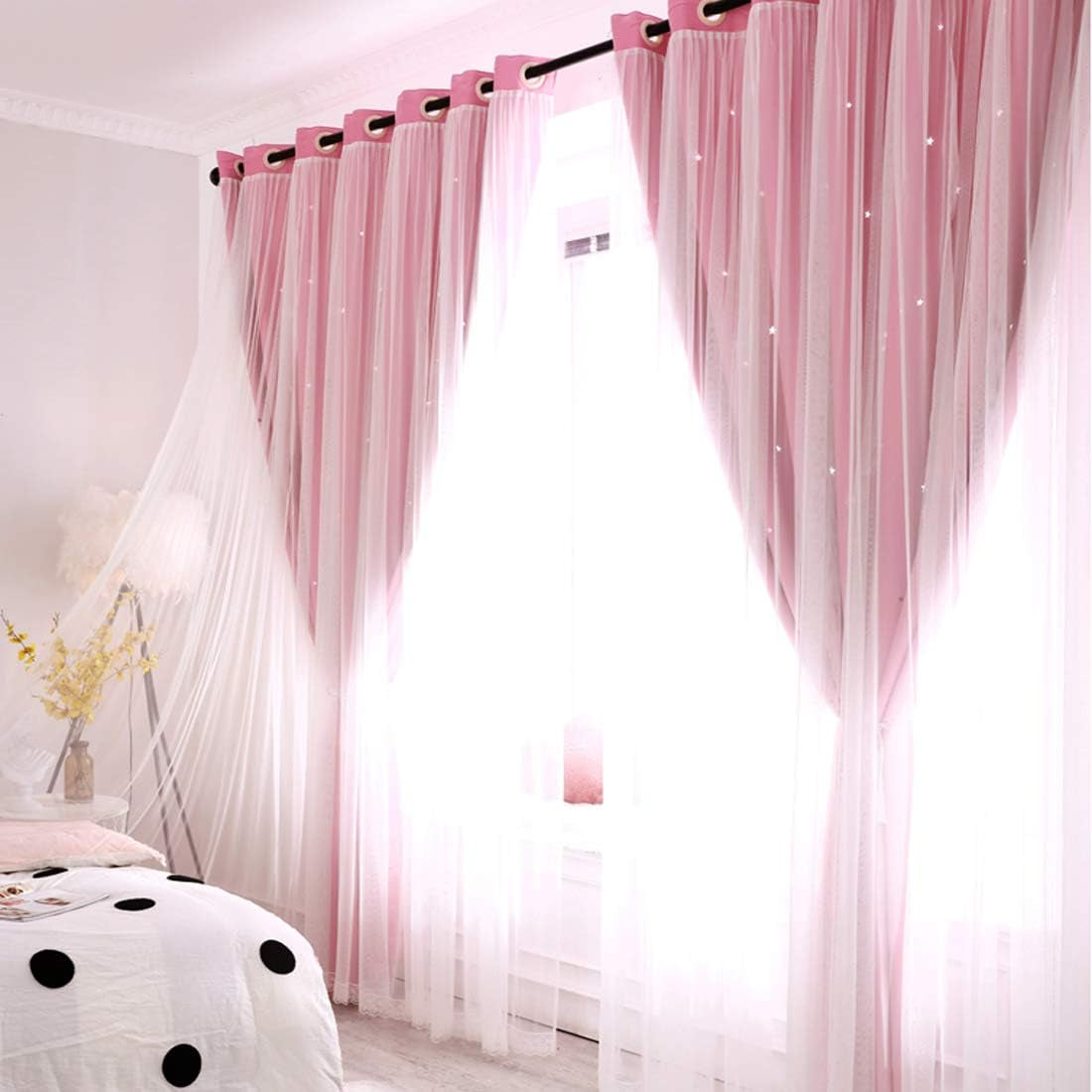 UNISTAR 2 Panels Stars Blackout Curtains for Bedroom Girls Kids Baby Window Decoration Double Layer Star Cut Out Aesthetic Living Room Decor Wall Home Curtain,W52 X L63 Inches,Pink  UNISTAR   