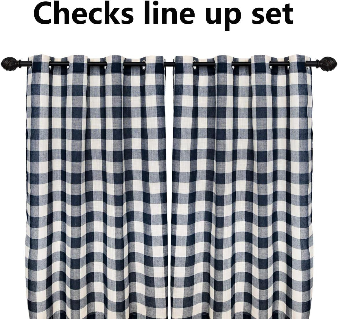 2 Panels Checks Line up Set Farmhouse Faux Linen Look Buffalo Check Grommet Window Curtain (Navy & White, Panel 丨W53 X L63-INCH 2PCS)