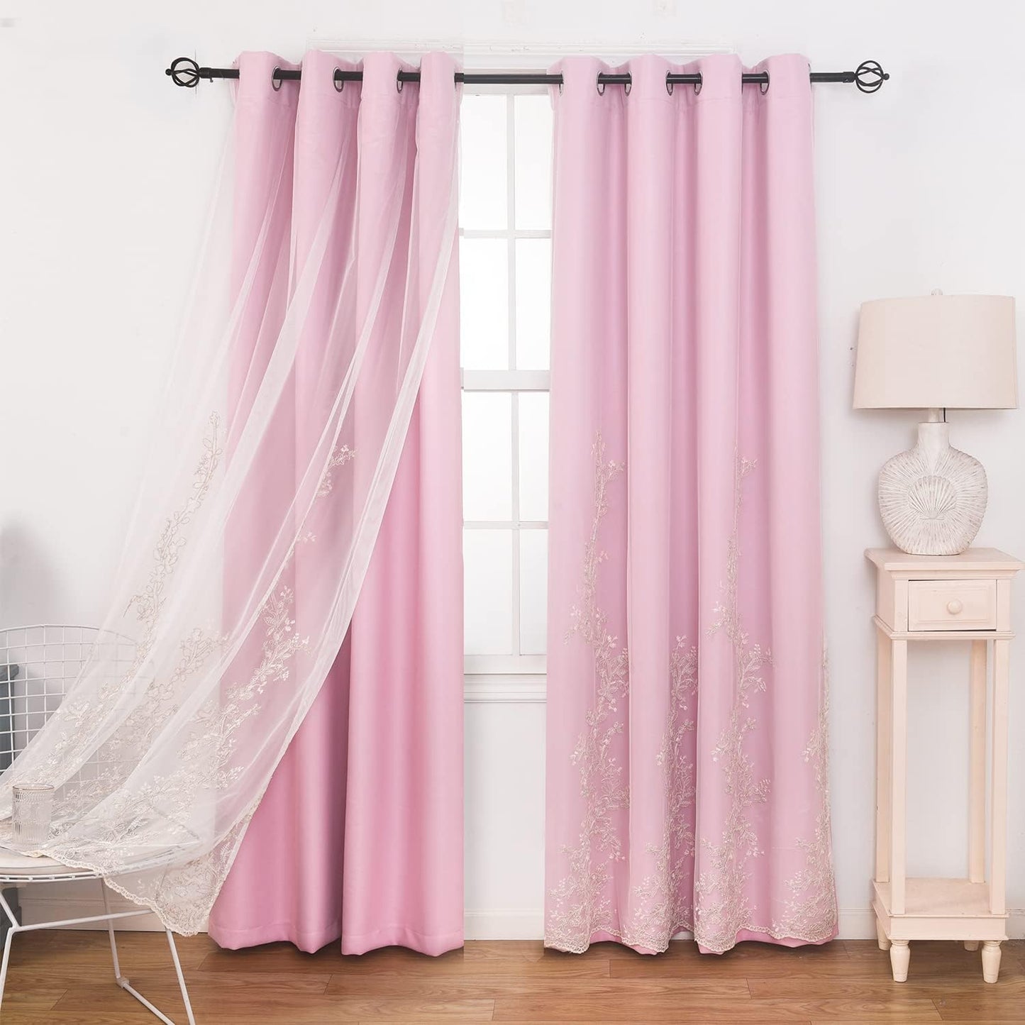 GYROHOME Double Layered Curtains with Embroidered White Sheer Tulle, Mix and Match Curtains Room Darkening Grommet Top Thermal Insulated Drapes,2Panels,52X84Inch,Beige  GYROHOME Pink 52Wx63Lx2 