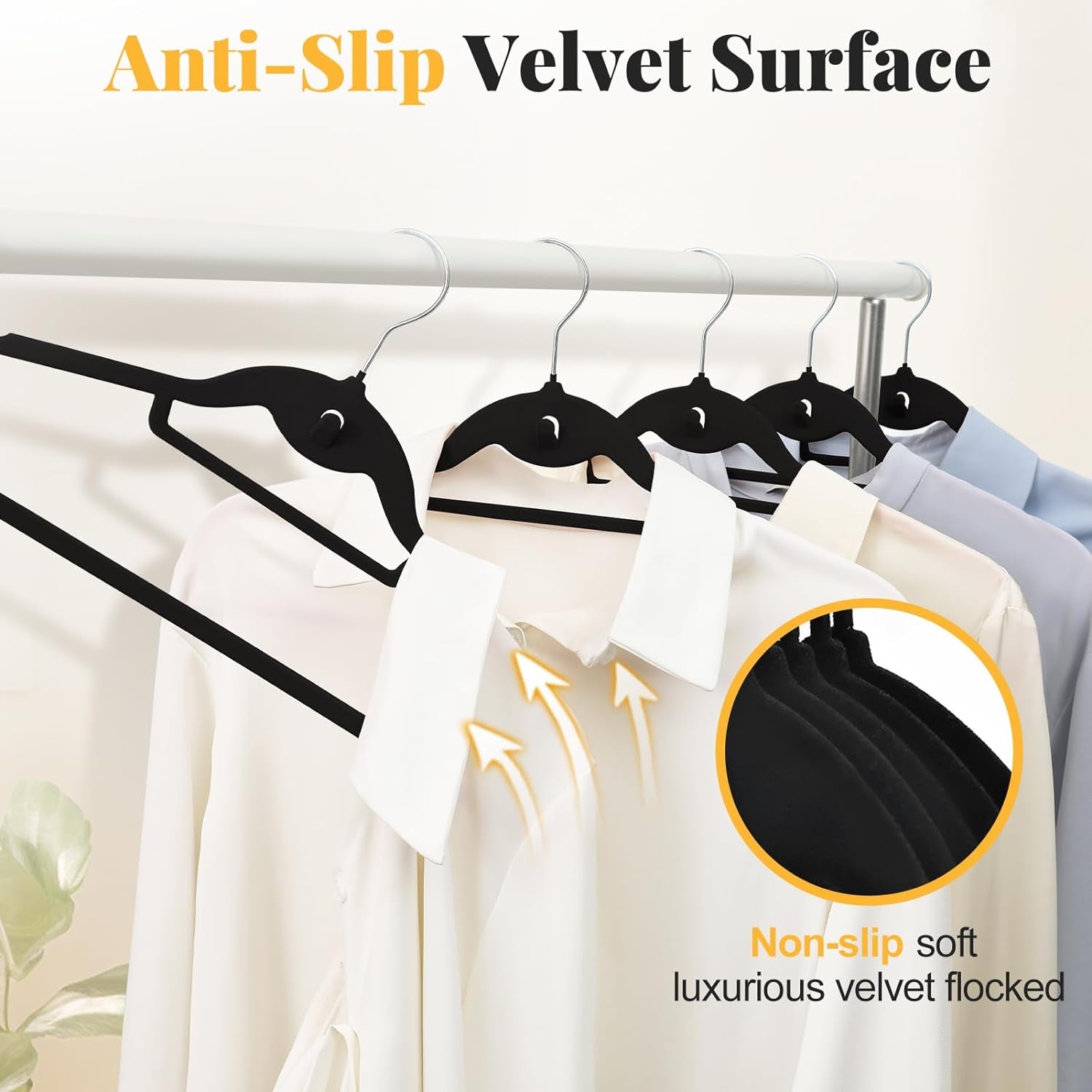 Black Velvet Hangers 50 Pack, S-Shaped and Stackable Non Slip Felt Hanger with 360°Swivel Hook, Ultra Thin and Space Saving Flocked Hangers for Suits, Shirts, Coats, 15Lbs Capacity Heavy Duty