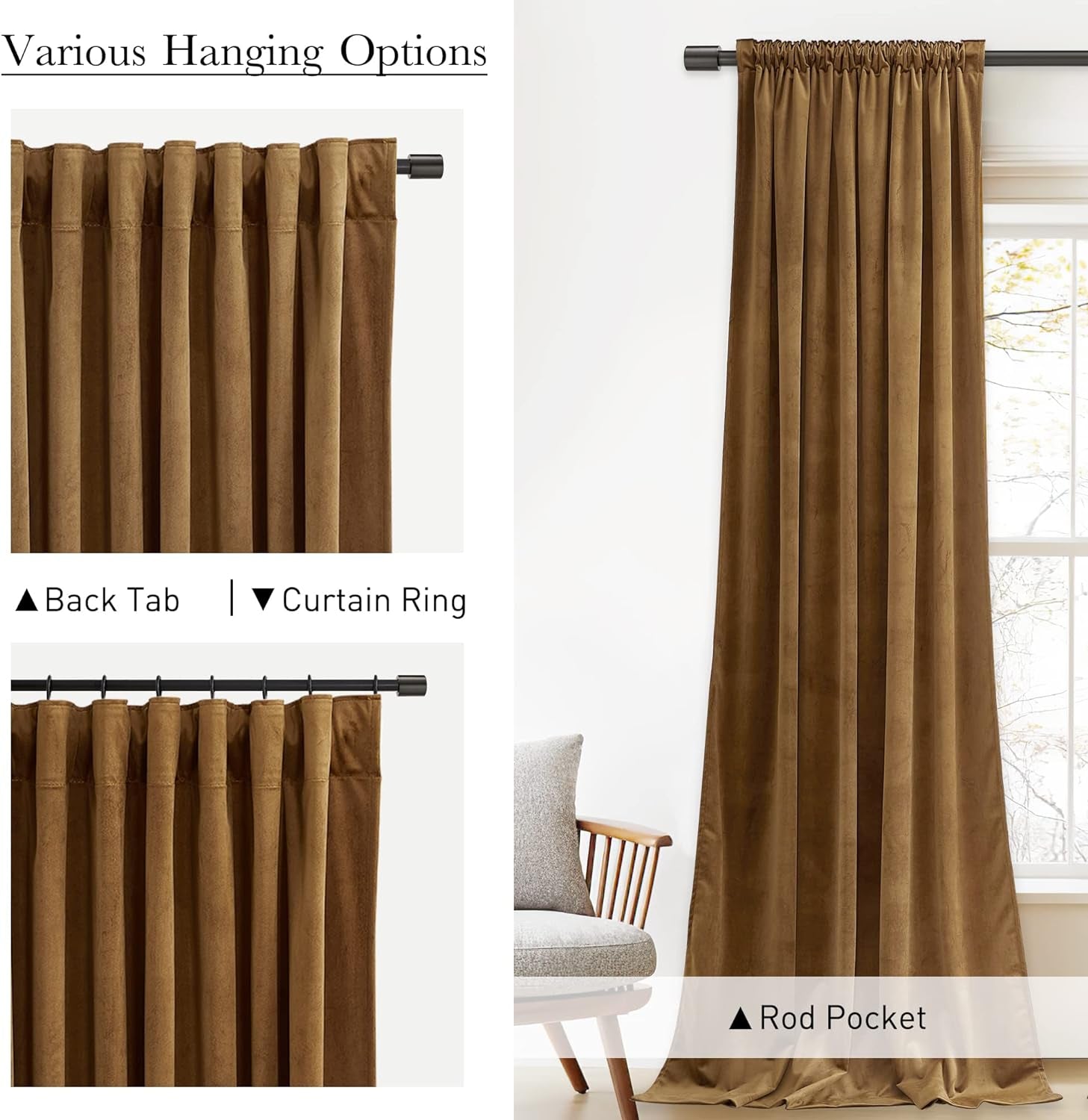 Stangh Velvet Curtains 84 Inches - Gold Brown Blackout Thermal Insulated Window Drapes for Living Room, Back Tab Luxury Home Decor Curtains for Bedroom Sliding Door, W52 X L84, 2 Panels  StangH   