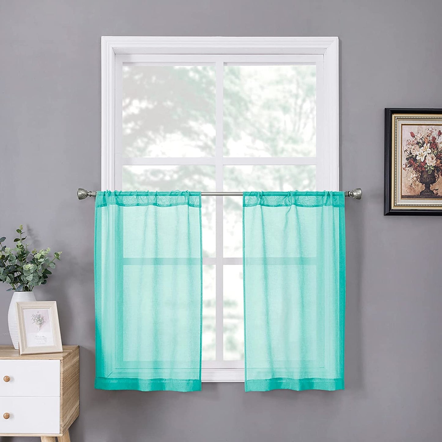Tollpiz Short Sheer Curtains Linen Textured Bedroom Curtain Sheers Light Filtering Rod Pocket Voile Curtains for Living Room, 54 X 45 Inches Long, White, Set of 2 Panels  Tollpiz Tex Aqua Blue 25"W X 24"L 
