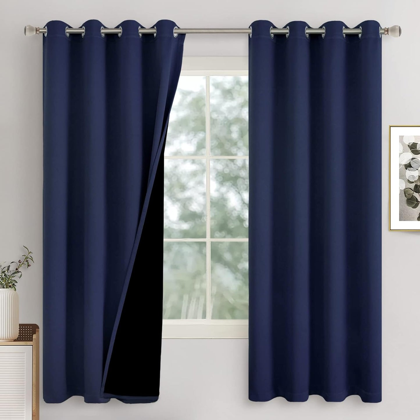 QUEMAS Short Blackout Curtains 54 Inch Length 2 Panels, 100% Light Blocking Thermal Insulated Soundproof Grommet Small Window Curtains for Bedroom Basement with Black Liner, Each 42 Inch Wide, White  QUEMAS Navy Blue + Black Lining W52 X L63 
