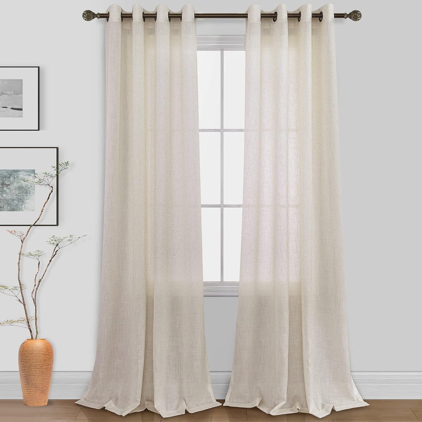KOUFALL Beige Rustic Country Curtains for Living Room 84 Inches Long Flax Linen Bronze Grommet Tan Sand Color Solid Faux Linen Curtains for Bedroom Sliding Glass Patio Door 2 Panels  KOUFALL TEXTILE Linen 52X120 
