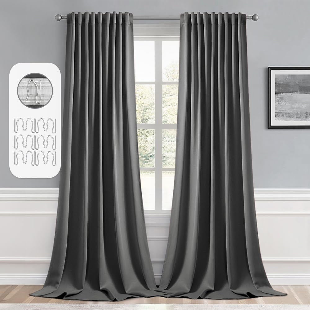 MIULEE 2 Panels Back Tab Blackout Curtains 96 Inch Long for Living Room Bedroom, Black Rod Pocket/Pinch Pleated Thermal Insulated Room Darkening Light Blocking Floor to Ceiling Curtains/Drapes  MIULEE Grey W52" X L108" 