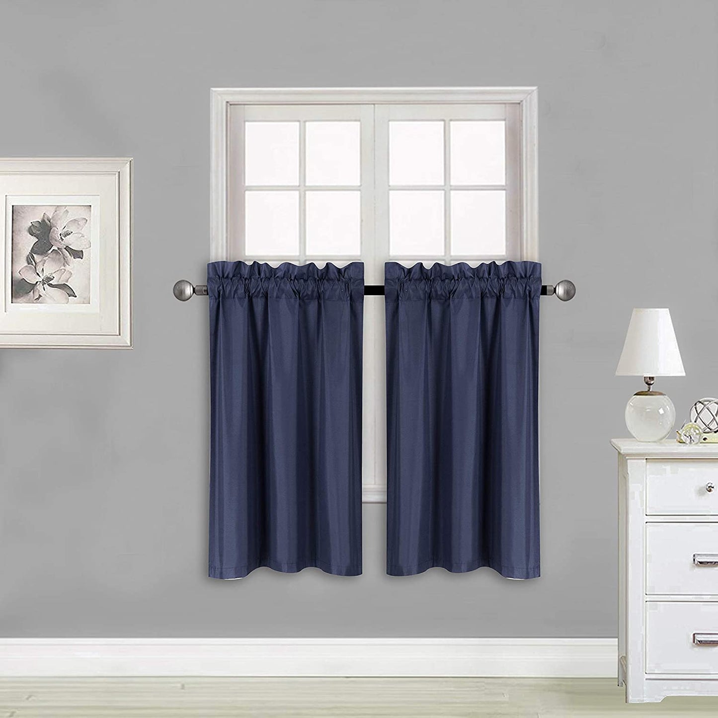 Elegant Home 2 Short Panels Tiers Small Window Treatment Curtain Blackout 28" W X 36" L Each for Kitchen Bathroom # R5  Elegant Home Decor Navy Blue  
