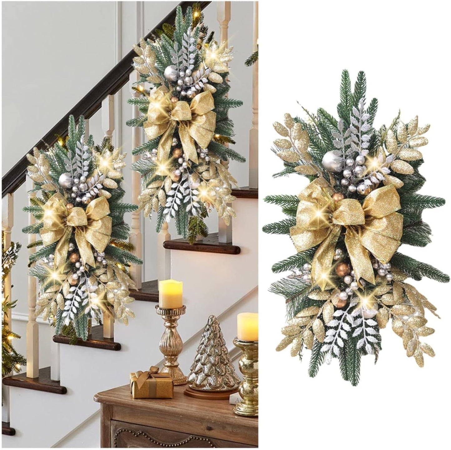 Christmas Swag, Prelit Stairs Christmas Garland with Lights, the Cordless Prelit Stairway Swag Trim Christmas Wreaths Christmas Swag for Front Door, Christmas Swags for Decorating Outdoor Home Decor