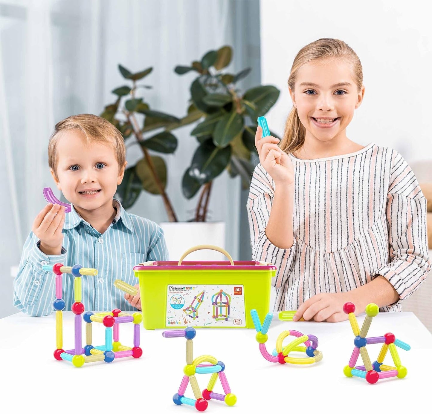 Picassotiles 50 Pcs Magnetic Building Stick Block Construction Set with Storage Bin Colorful 3D STEM Toy Blocks Bar Balls & Rods Montessori Educational for All Ages Puzzle Toy for Boys & Girls PTX50