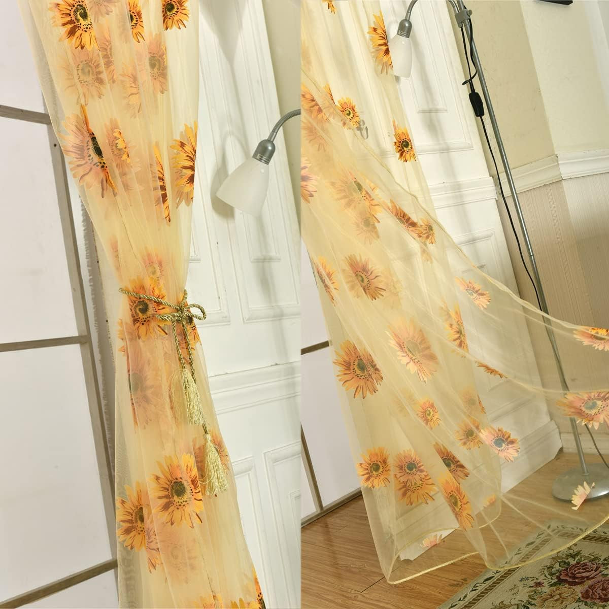 Ufurty Rely2016 Sunflower Window Curtain, 2PCS Sun Flower Floral Voile Sheer Curtain Panels Tulle Room Salix Leaf Sheer Gauze Curtain for Living Room, Bedroom, Balcony - Rod Pocket Top (100 X 200)  Rely2016   