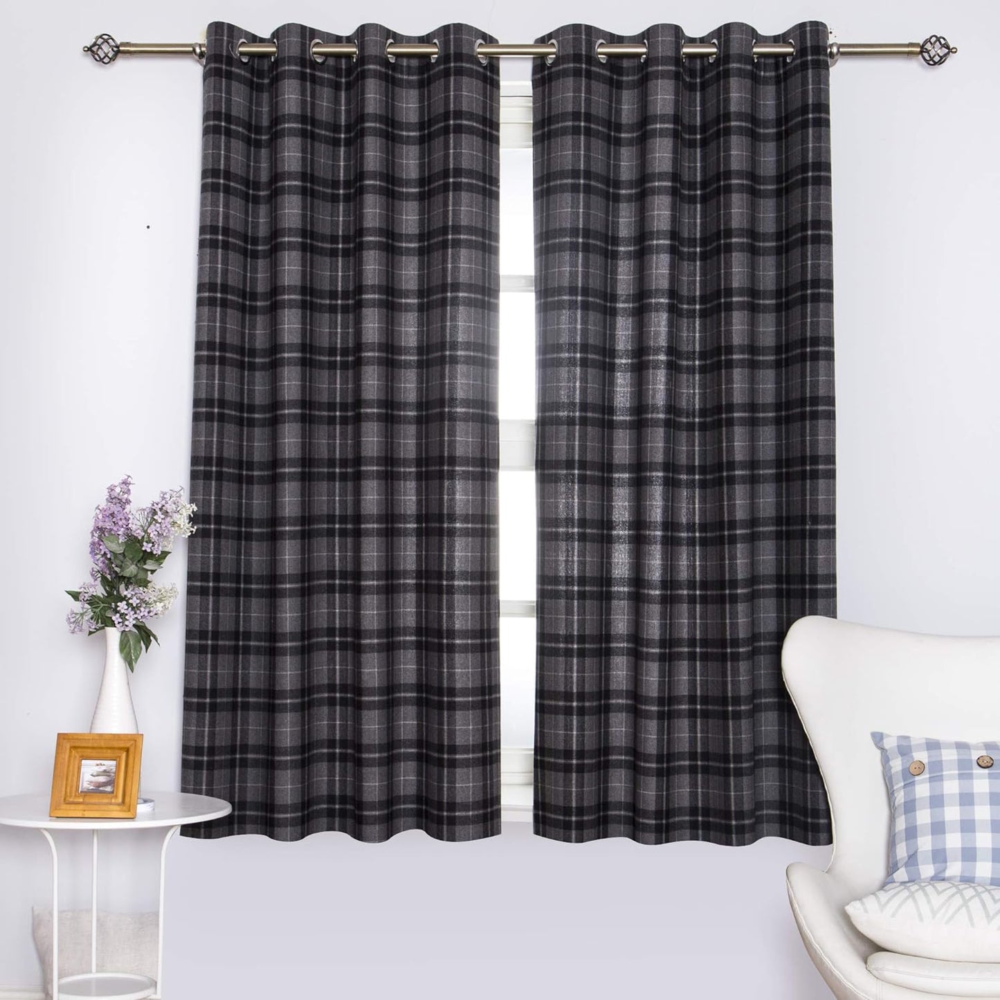 DOLLMEXX Plaid Window Curtains for Bedroom,Lumberjack Fashion Buffalo Style Checks Pattern Retro Style with Grid Composition, Living Room Window Drapes（2 Panels, 52"X84", Black with Grey）  DOLLMEXX Black With Grey 52"X63" 