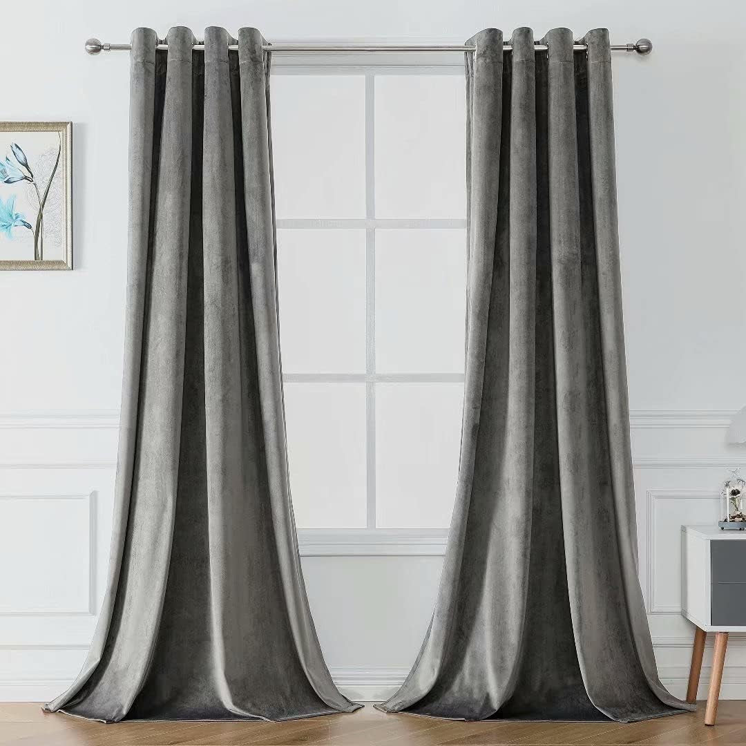 Victree Velvet Curtains for Bedroom, Blackout Curtains 52 X 84 Inch Length - Room Darkening Sun Light Blocking Grommet Window Drapes for Living Room, 2 Panels, Navy  Victree Light Grey 52 X 108 Inches 