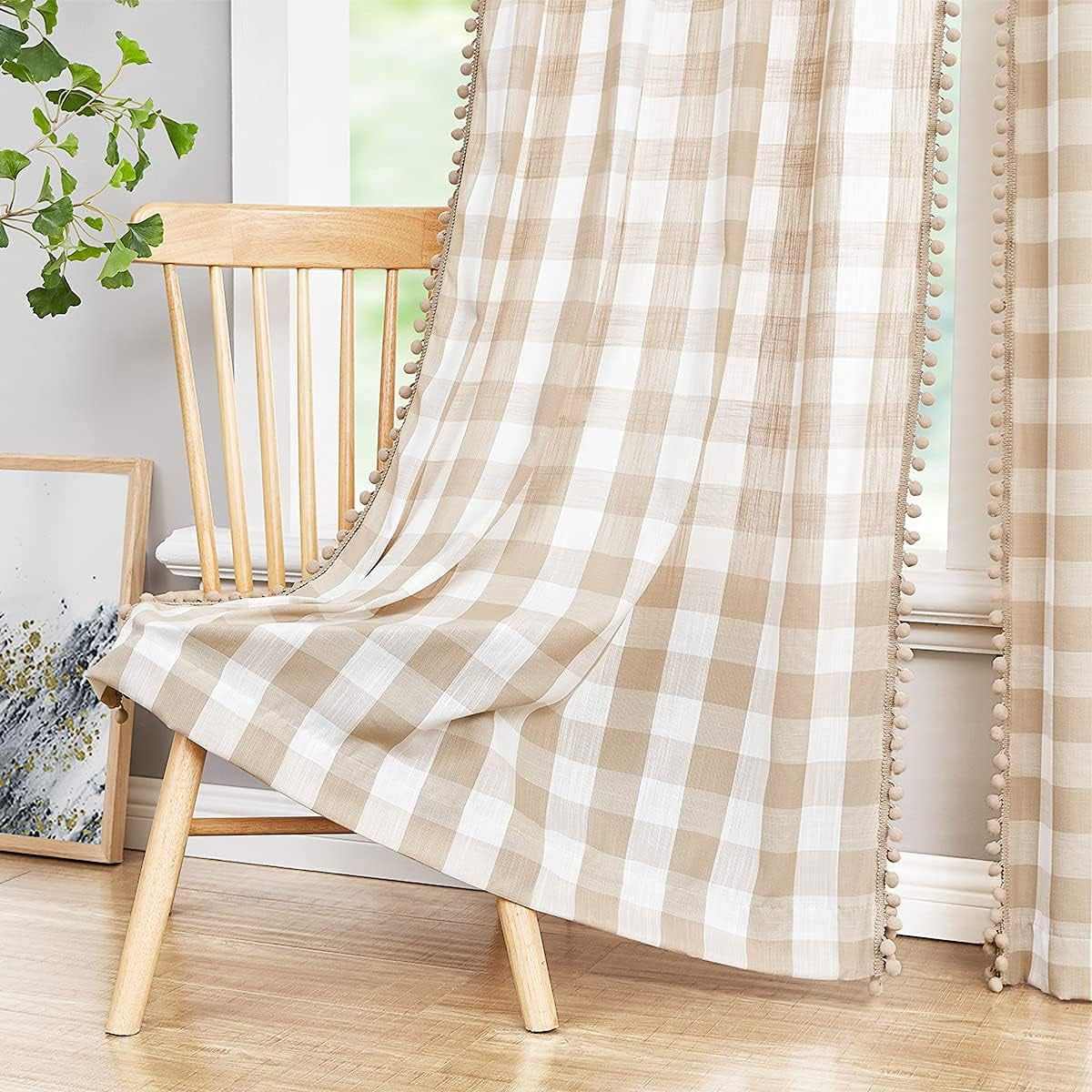 Treatmentex Buffalo Check Curtains 84Inch Farmhouse Pom Pom Drapes for Living Room Vintage Gingham Plaid Semi Sheer Tan Window Curtains for Bedroom Kitchen 2 Panels Rod Pocket Taupe and White  Natural Decoratex Taupe And White 40"W X 95"L 2Pcs 