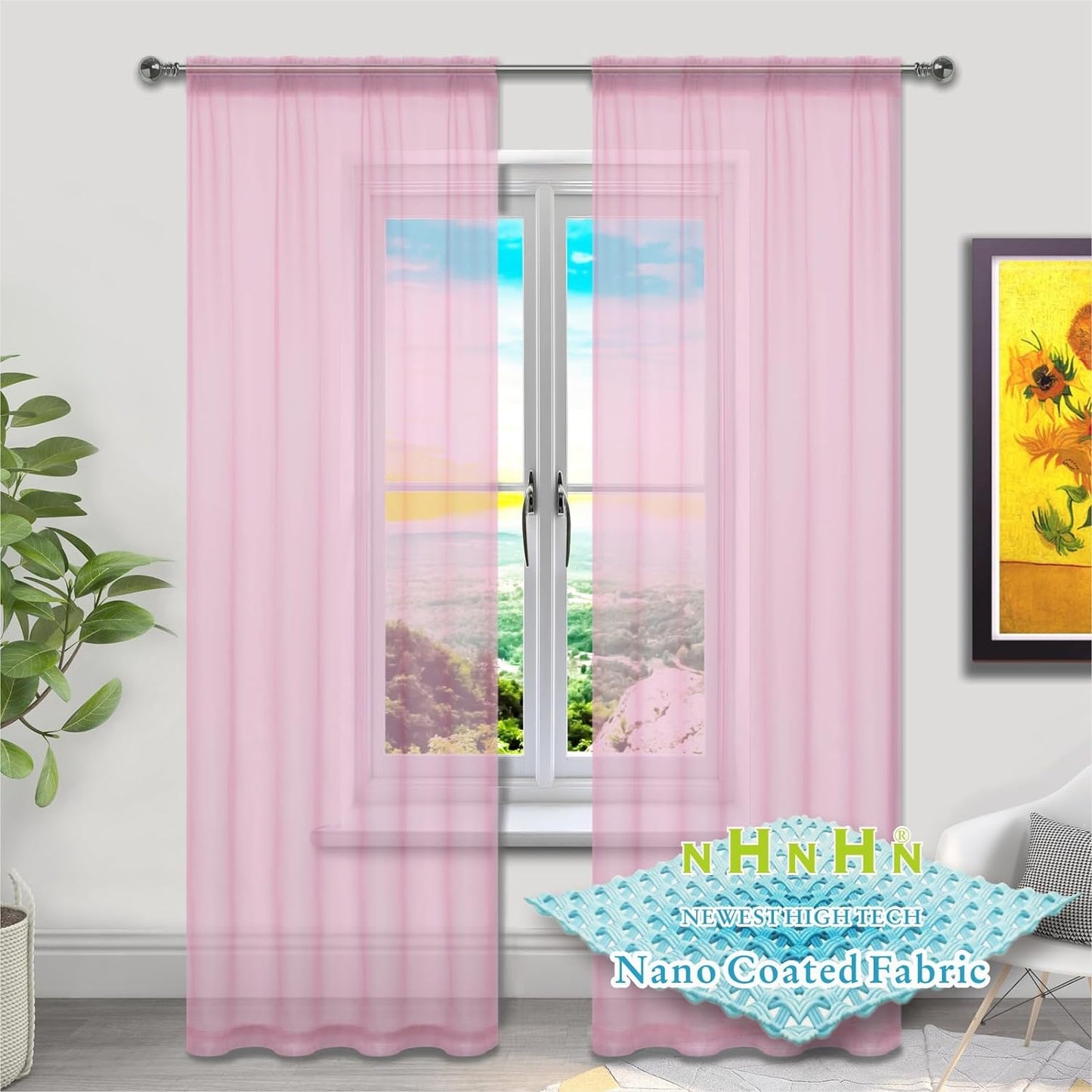 NHNHN Nano Material Coated White Sheer Curtains 84 Inches Long, Rod Pocket Window Drapes Voile Sheer Curtain 2 Panels for Living Room Bedroom Kitchen (White, W52 X L84)  NHNHN Pink 52W X 72L | 2 Panels 