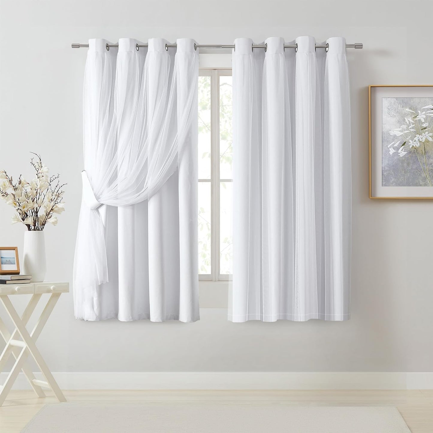 Bujasso Beige 90% Blackout Curtains with Sheer Overlay Mix and Match Double Layer Thermal Insulated Window Panels 84 Inch for Living Room Bedroom Beige Drapes with Tiebacks Grommet Top 37" Wx84 Lx2  Bujasso White 54"Wx63"Lx2 