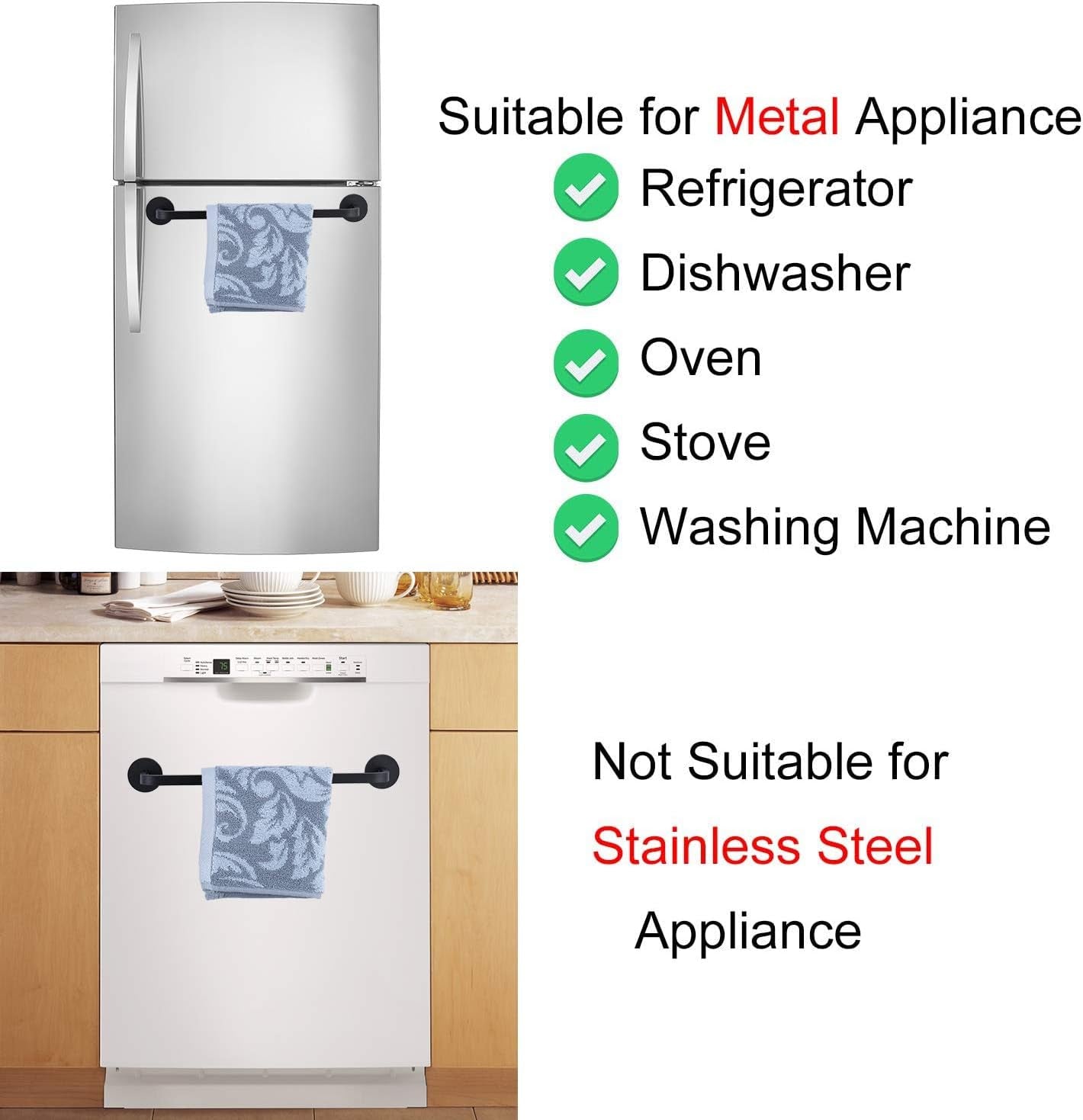 Magnetic Towel Bar for Refrigerator, Magnetic Towel Holder Towel Hook Hanger for Fridge, Kitchen Stove, Oven, Dishwasher, Sink Laundry Washing Machine Black