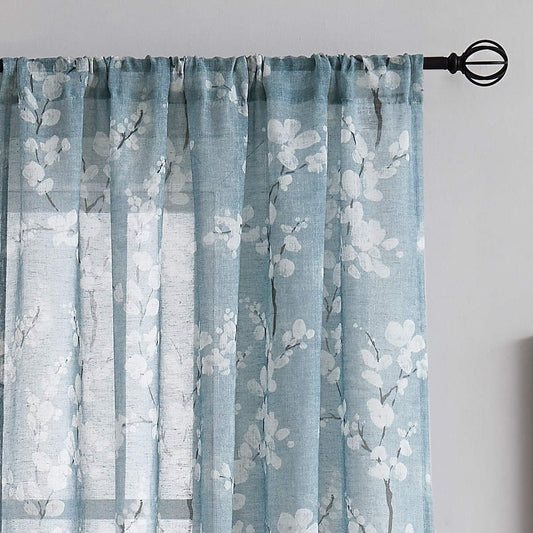 FMFUNCTEX Blue-White Sheer Curtains for Living-Room 84" Long Blossom Print on Flax Linen Blend Window Curtain Panels 2 Pack Rod Pocket, 50" W  Fmfunctex Blue 50"W X 84"L 2Pcs 