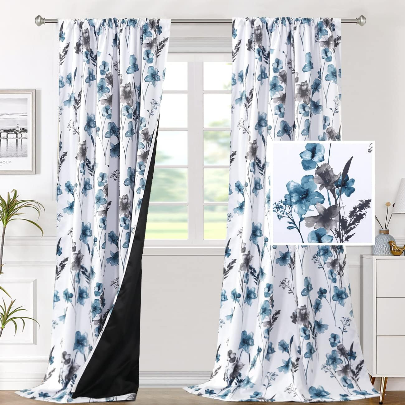 H.VERSAILTEX 100% Blackout Curtains for Bedroom Cattleya Floral Printed Drapes 84 Inches Long Leah Floral Pattern Full Light Blocking Drapes with Black Liner Rod Pocket 2 Panels, Navy/Taupe  H.VERSAILTEX Grey/Blue 52"W X 96"L 