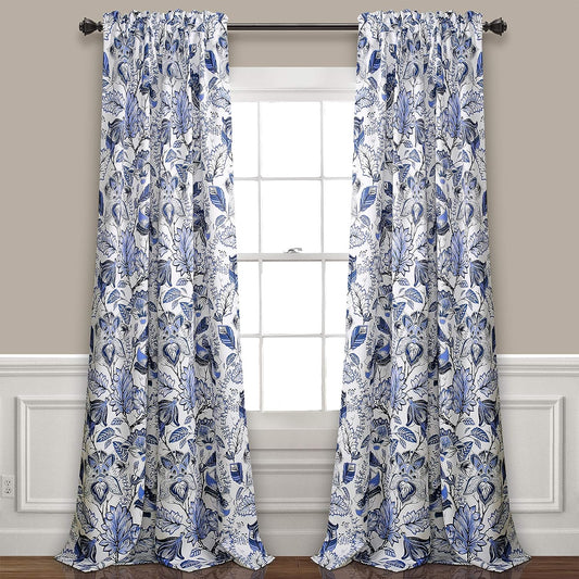 Lush Decor Cynthia Jacobean Light Filtering Window Curtain Set, 84" L Panel Pair, Blue, 2 Count  Triangle Home Fashions Blue 52"W X 108"L 