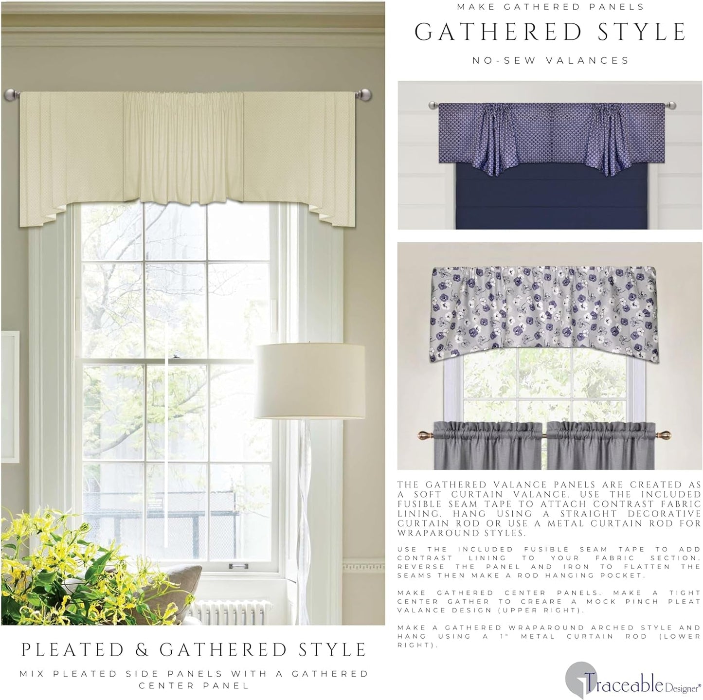 No-Sew Curtain Valance Kit, Reusable for DIY Window Treatments, Use a 1" Curtain Rod, Includes Cornice Style Options