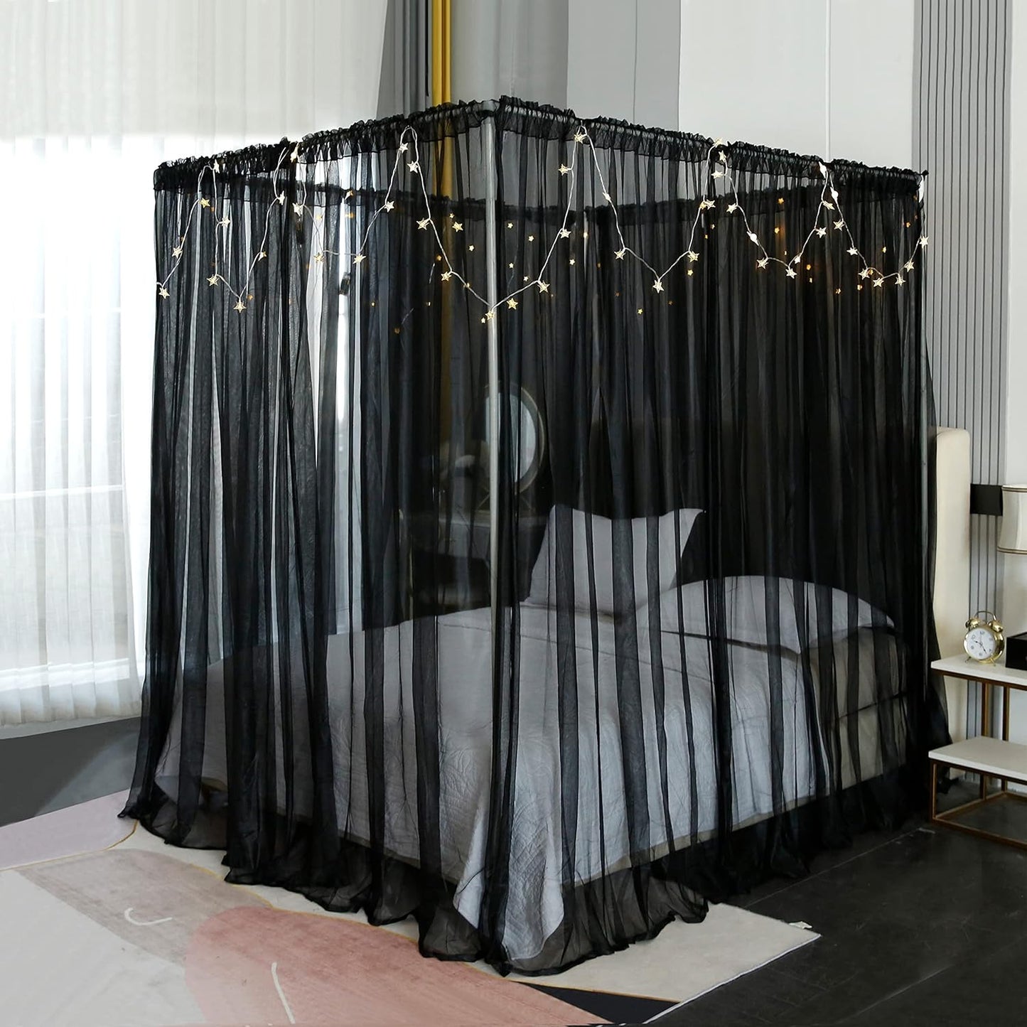 Akiky Princess Canopy Bed Curtains Bed Canopy Curtains with Lights for Queen Size Bed Drapes,8 Panels Canopies with 2 Lights,Room Décor (Full/Queen, White)  Akiky Black King 