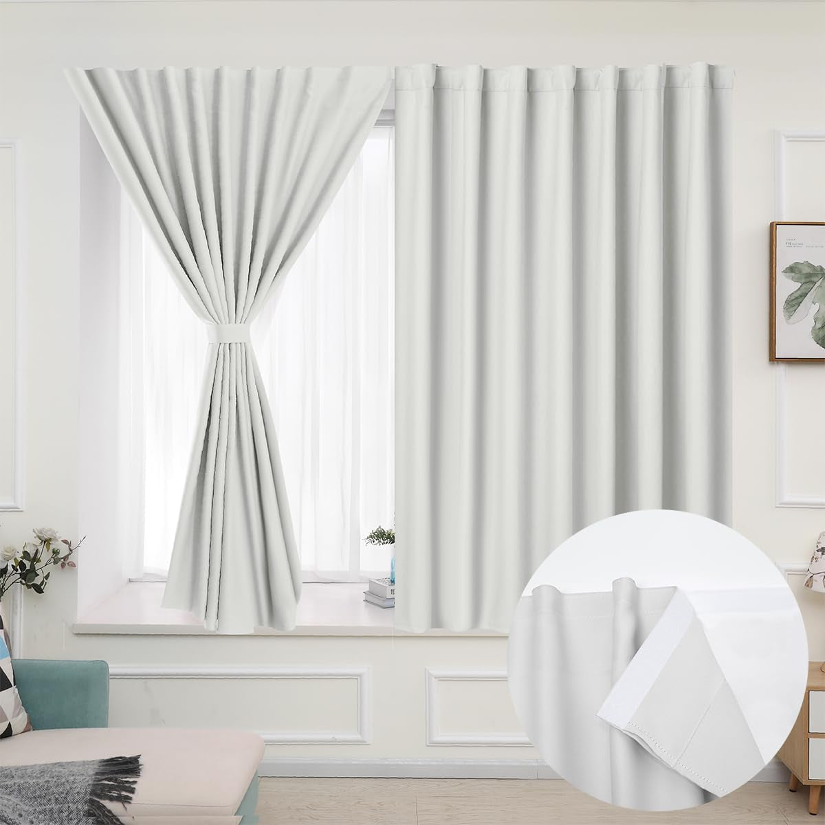 Muamar 2Pcs Blackout Curtains Privacy Curtains 63 Inch Length Window Curtains,Easy Install Thermal Insulated Window Shades,Stick Curtains No Rods, Black 42" W X 63" L  Muamar White 42"W X 63"L 