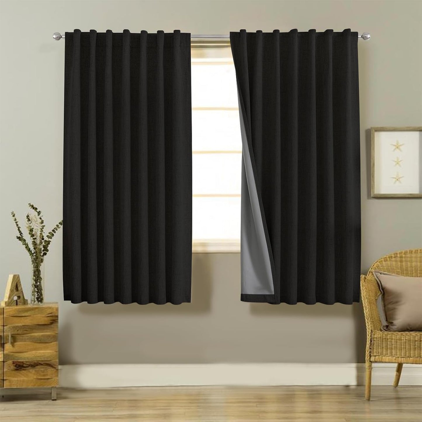 Joydeco 100% Black Out Curtains 96 Inch Long 1 Panels Burg Natural Blackout Linen Drapes for Bedroom Living Room Darkening Curtain Thermal Insulated Back Tab Rod Pocket(70X96 Inch,Black)  Joydeco Black 37W X 63L Inch X 2 Panels 