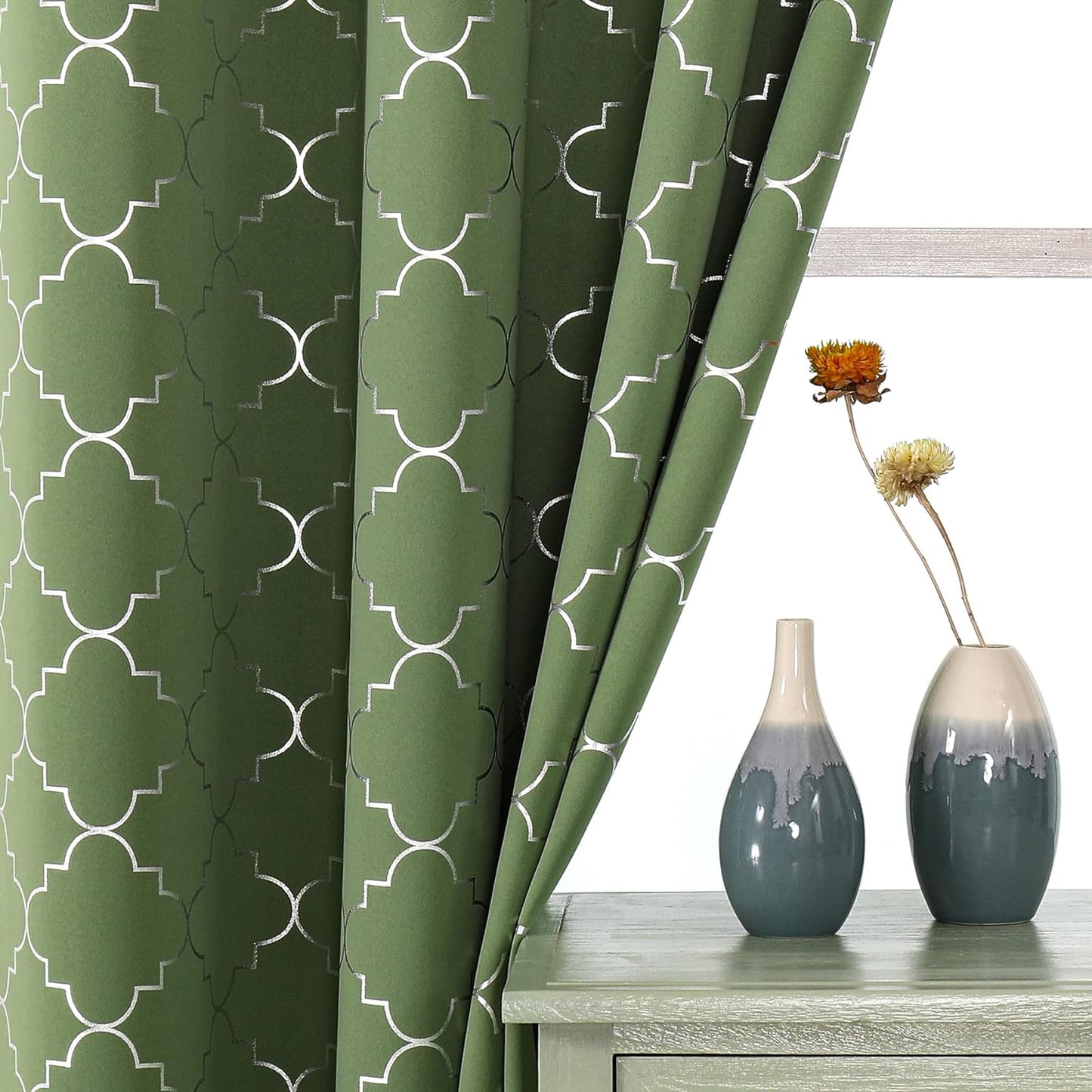 Enactex 100% Full Blackout Curtains 63 Inch Length Thermal Insulated Grey Curtain with Gold Geometric Metallic Pattern, Light Blocking Grommet Window Drapes for Living Room Bedroom, 2 Panels  Enactex Green/Silver W52" X L84" X2 