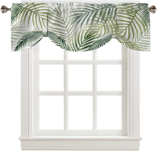 Tie-Up Valance Curtains Tropical Green Leaf Palm Leave Jungle Summer Hawaiian Nature Scene Window Valance for Living Room Semi Sheer Short Kitchen Valance with Adjustable Ties Window Curtain 42"X12"